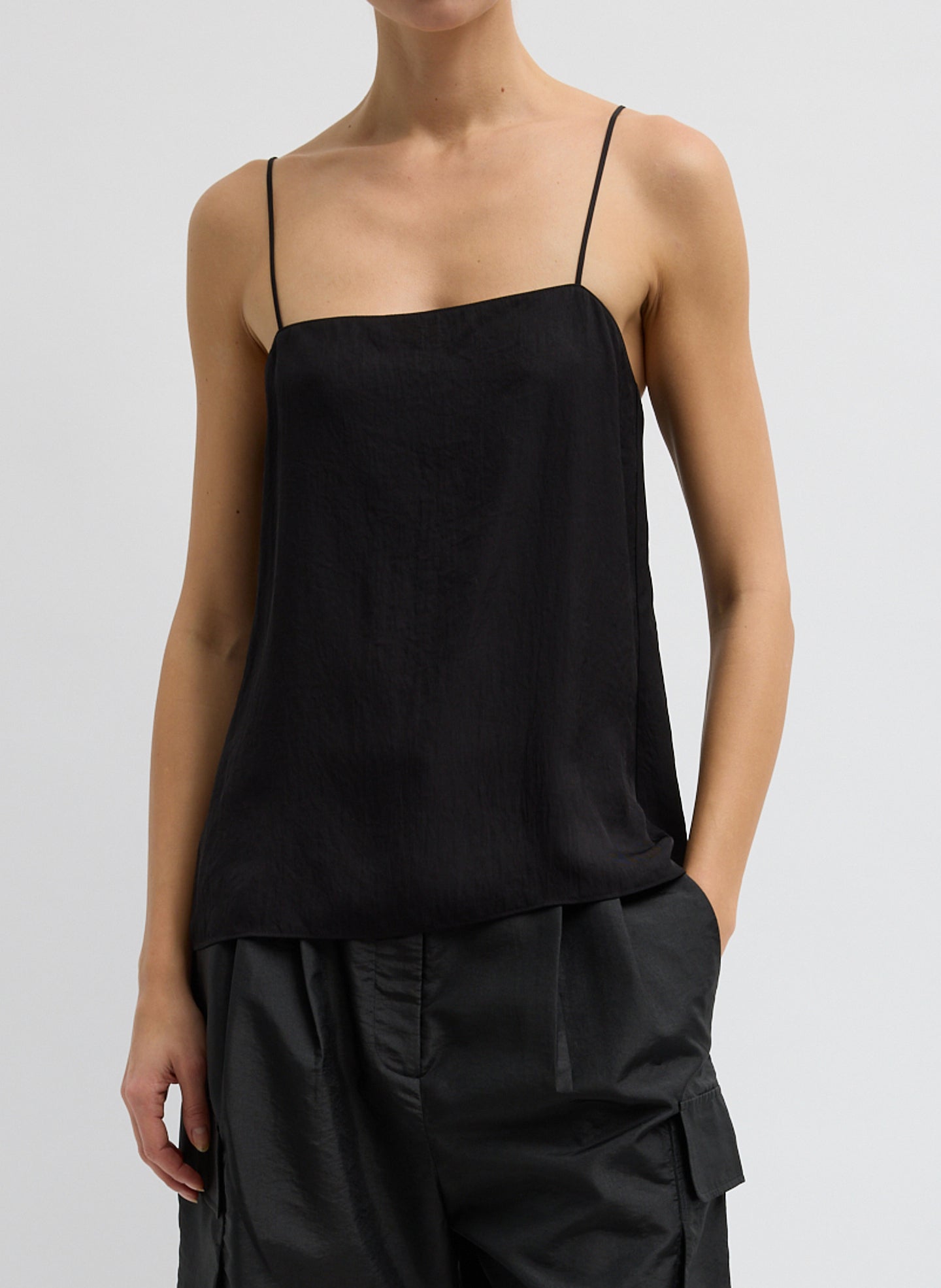 Summer Slip Cami - Black Summer Slip Cami - sleeveless silk cami, front view on model