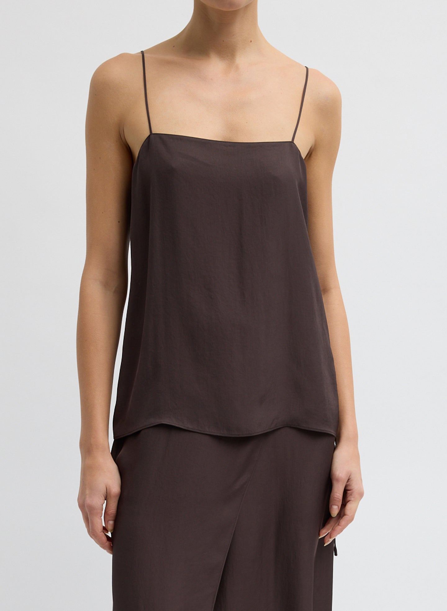 Summer Slip Cami - Chocolate Brown Summer Slip Cami - sleeveless silk cami, front view on model