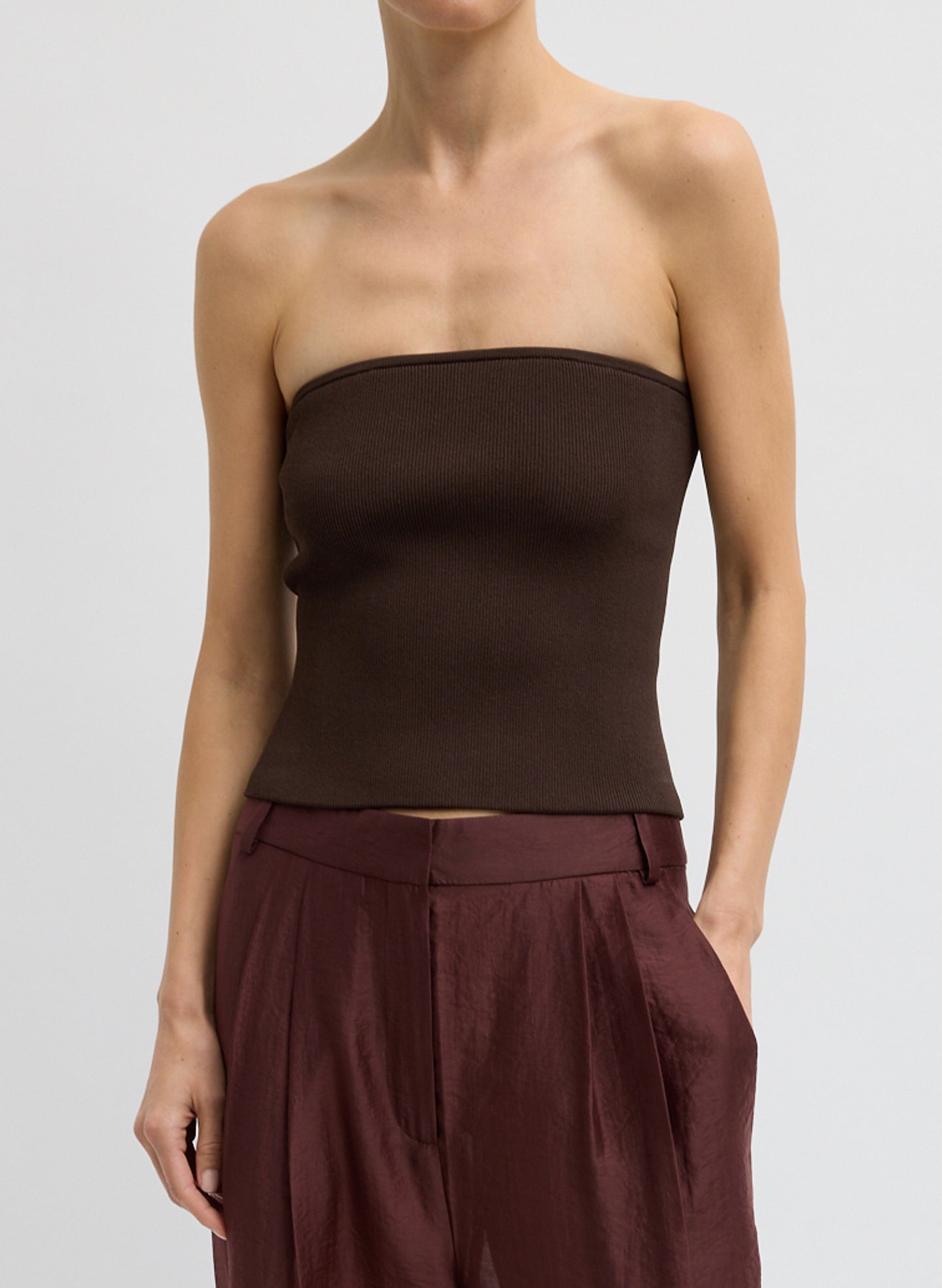 Ribbed Sweater Tube Top - Hickory Brown Ribbed Sweater Tube Top - front view on model