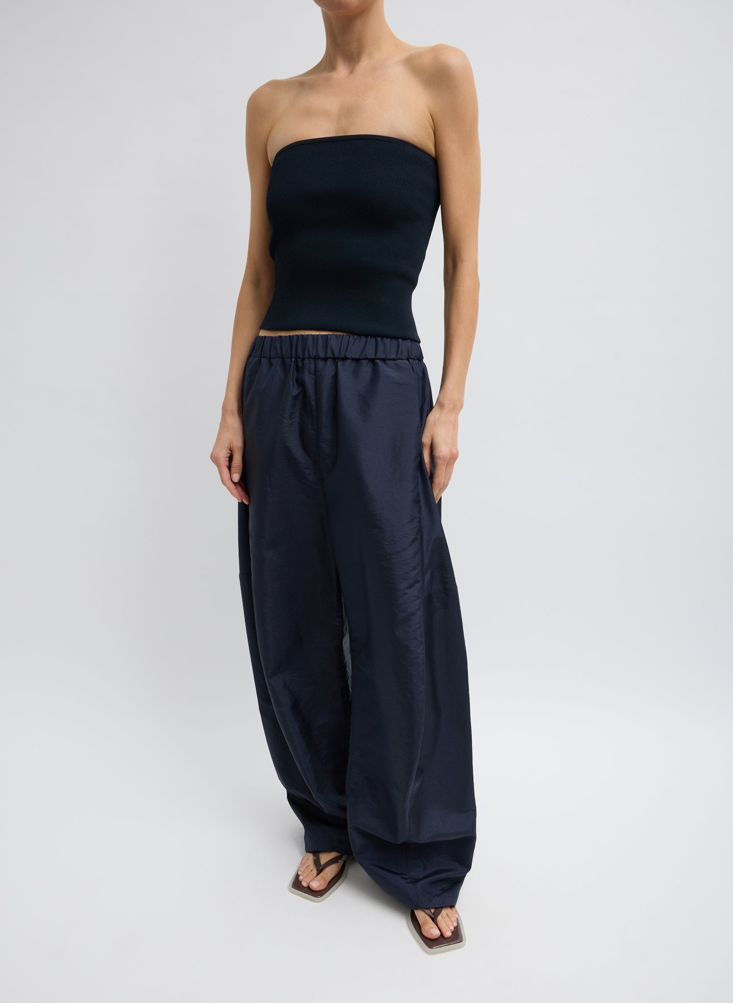 Navy Ribbed Sweater Tube Top - full look, front view on model