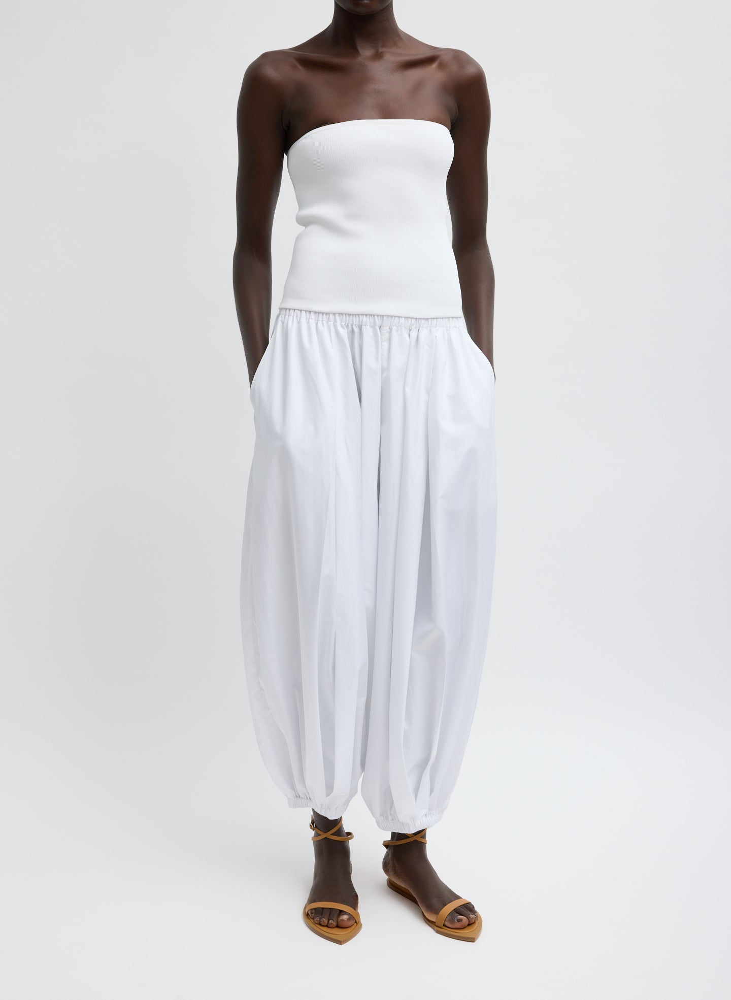 White Ribbed Sweater Tube Top - full look, front view on model