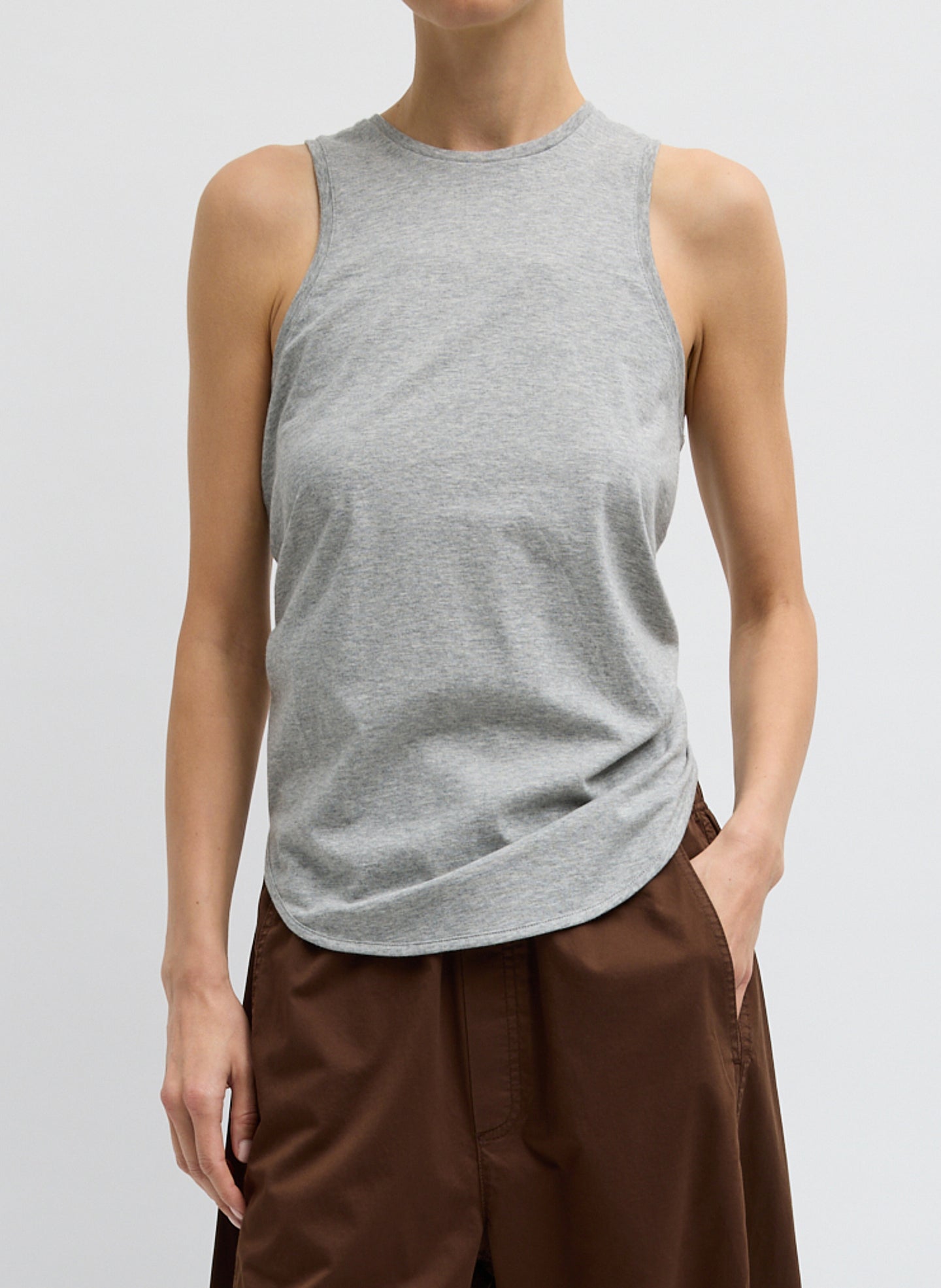 Shirred Back Tank - Heather Grey Shirred Back Tank Top - open back tank top, front view on model