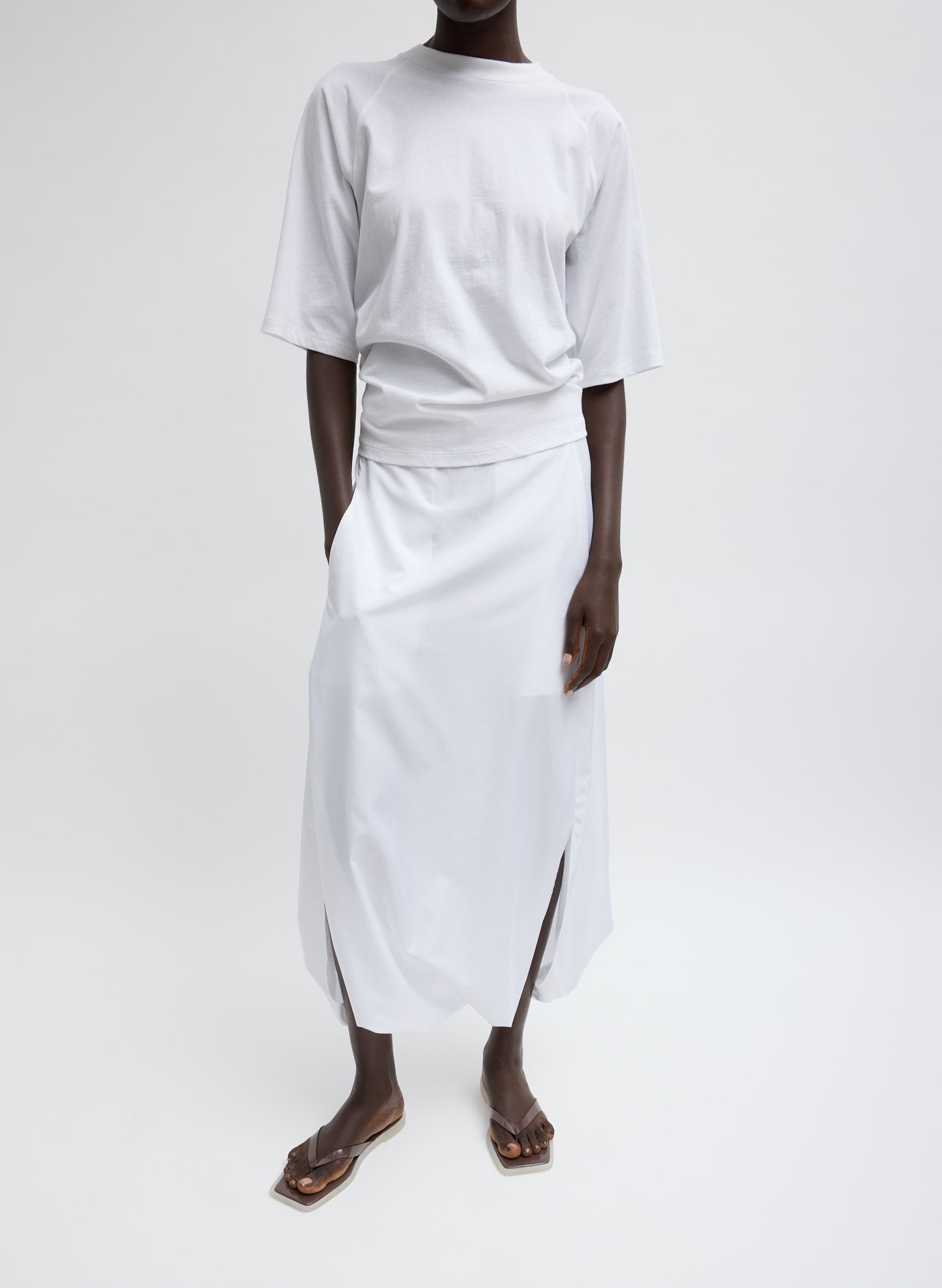 White Short Sleeve Shirred Back T-Shirt -full look, front view on model