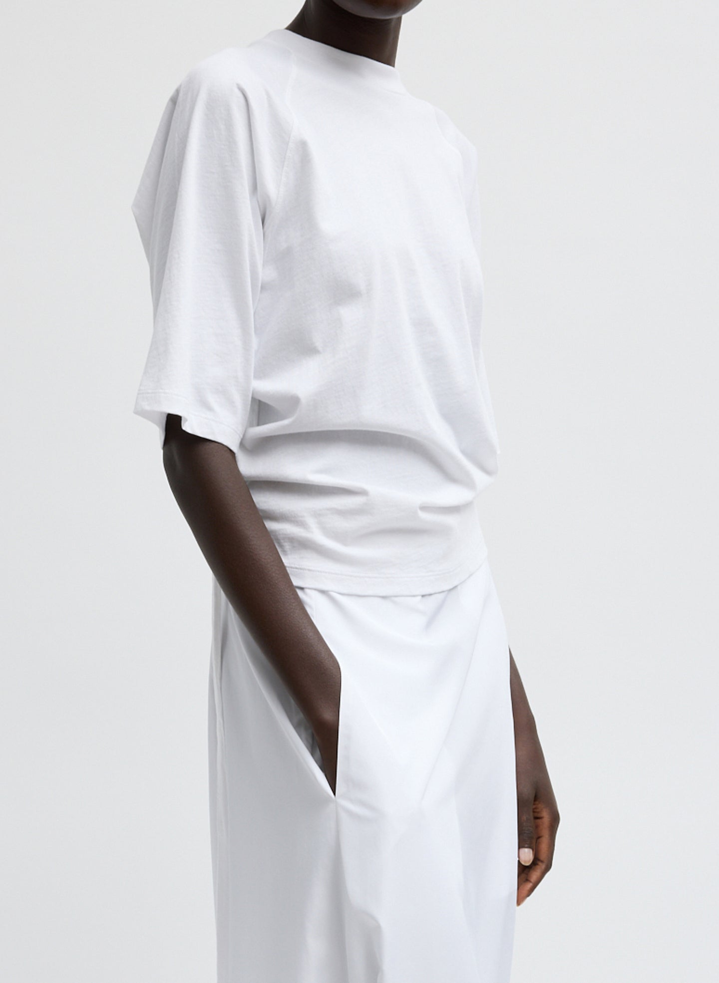 White Short Sleeve Shirred Back T-Shirt - side view on model