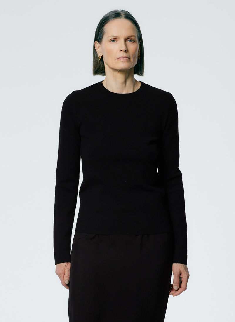 Double Faced Cashmere Mini Long Sleeve Pullover Black-1