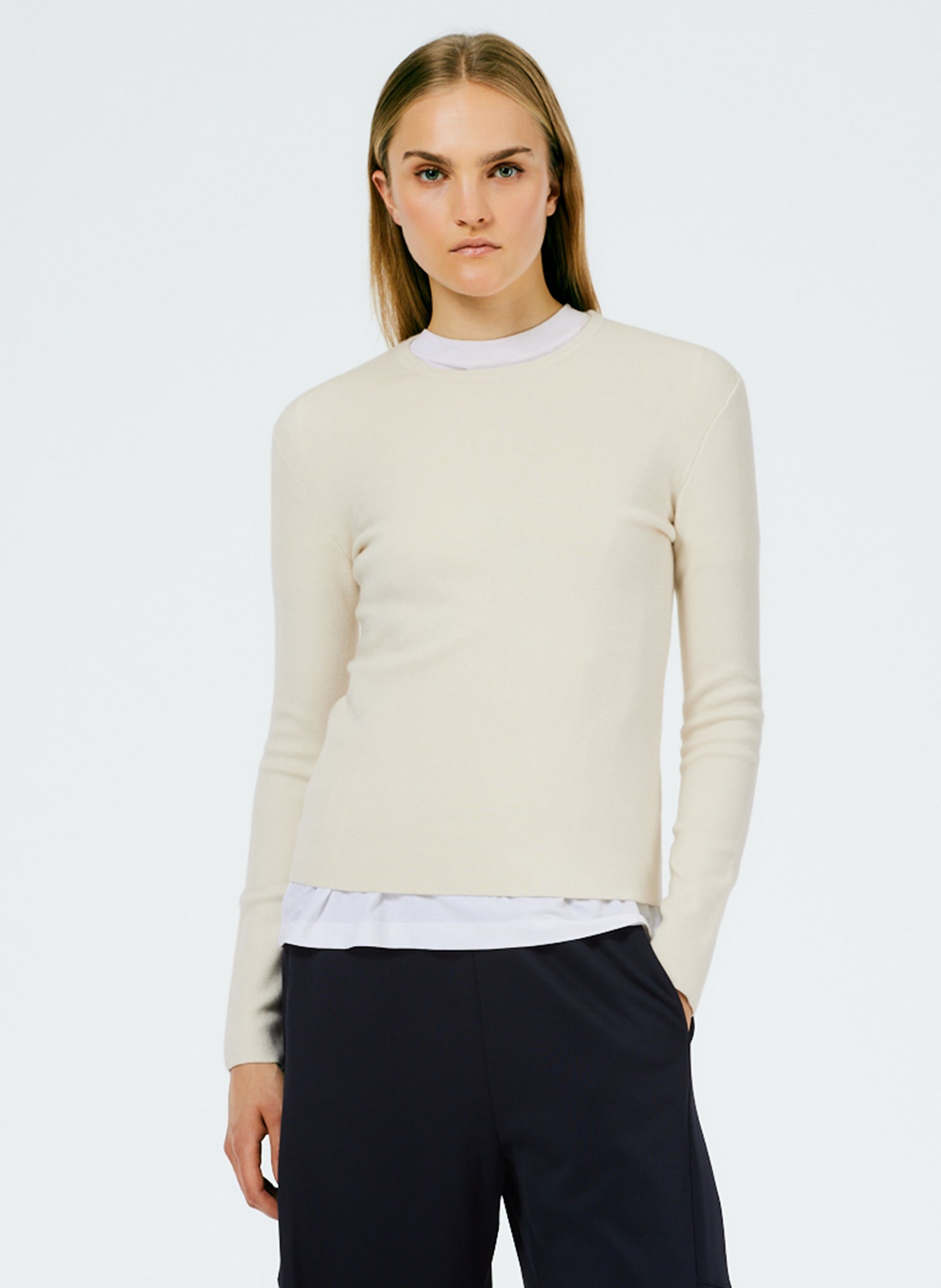 Double Faced Cashmere Mini Long Sleeve Pullover - Cream-1