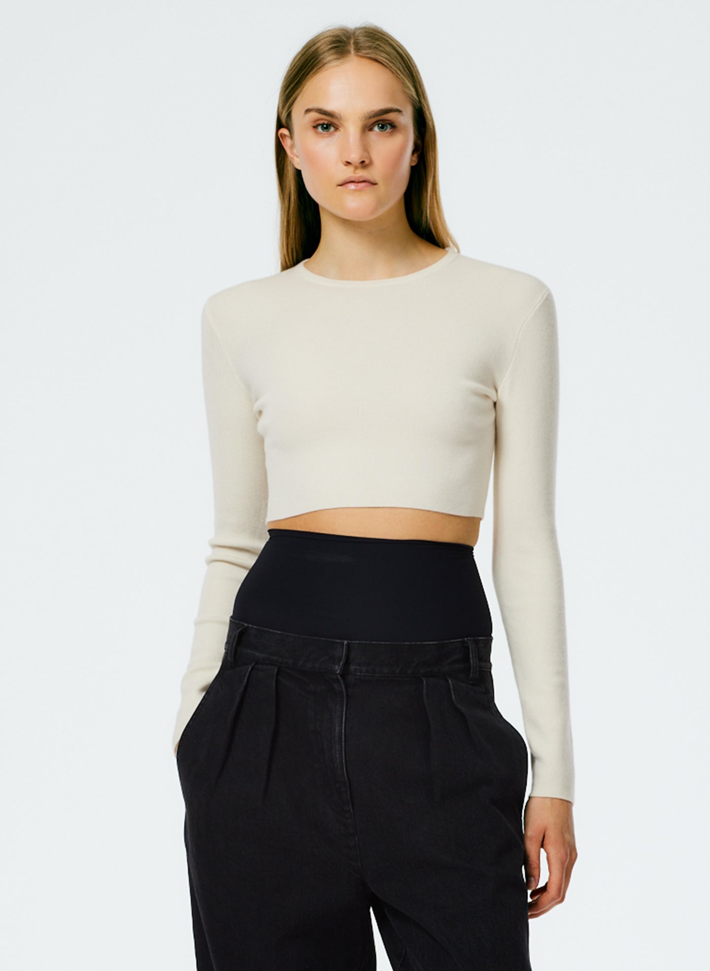 Double Faced Cashmere Mini Long Sleeve Cropped Pullover - Cream-1