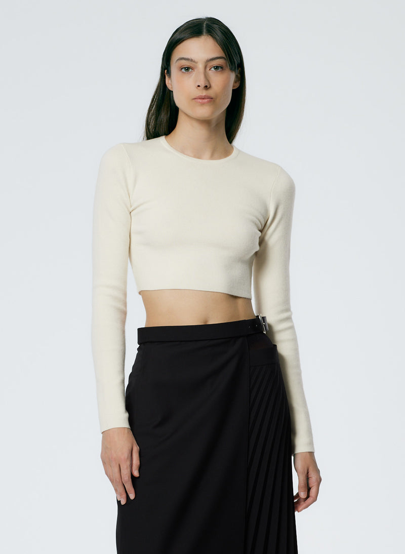 Double Faced Cashmere Mini Long Sleeve Cropped Pullover Cream-1