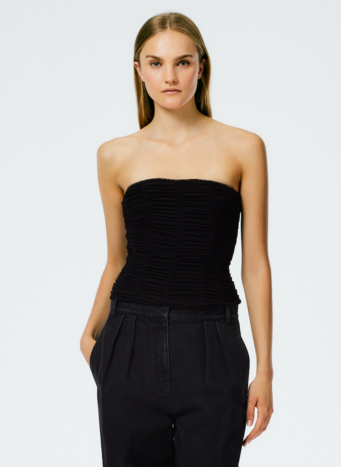 Drapey Jersey Ruched Strapless Top - Black-1