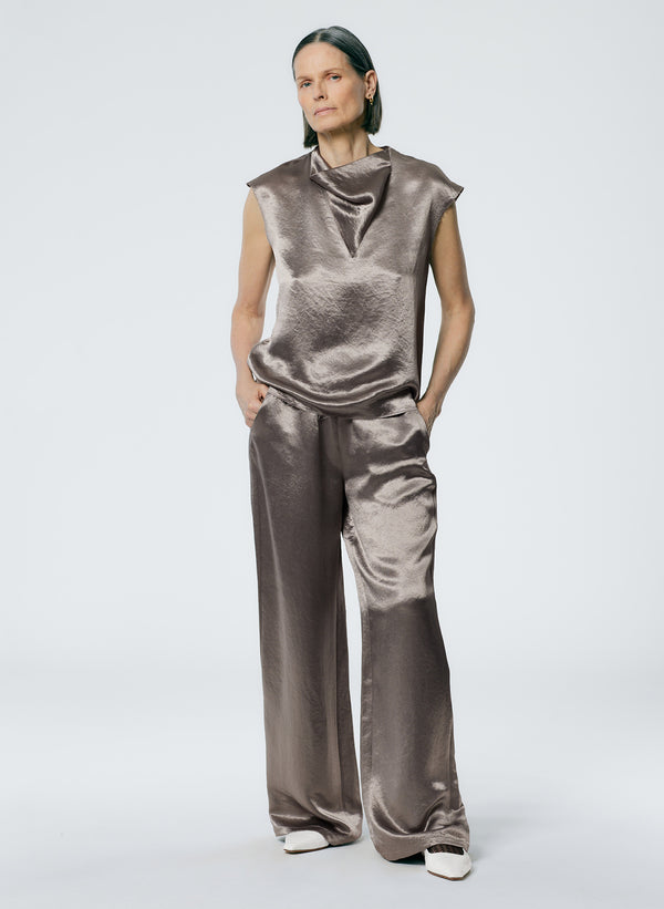 Sion Satin Wide Leg Pull On Pant - Slate Grey-1