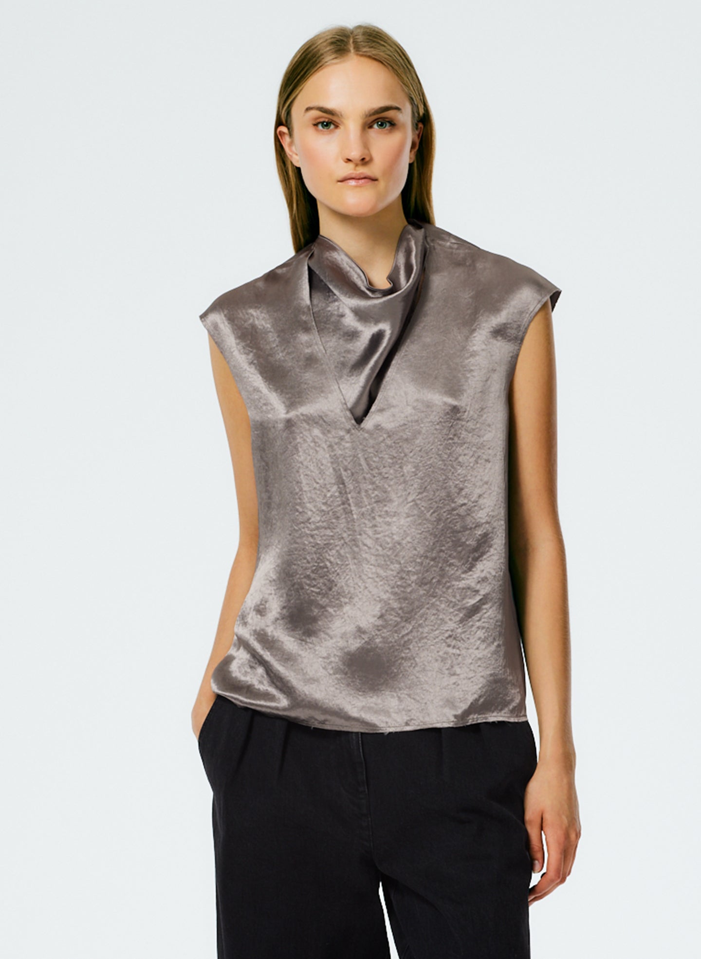 Sion Satin V-Neck Scarf Top - Slate Grey-1