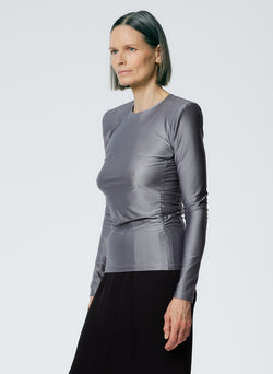 Micro Jersey Shoulderpad Fitted Crewneck Top Charcoal-2