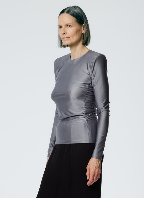 Micro Jersey Shoulderpad Fitted Crewneck Top - Charcoal-2