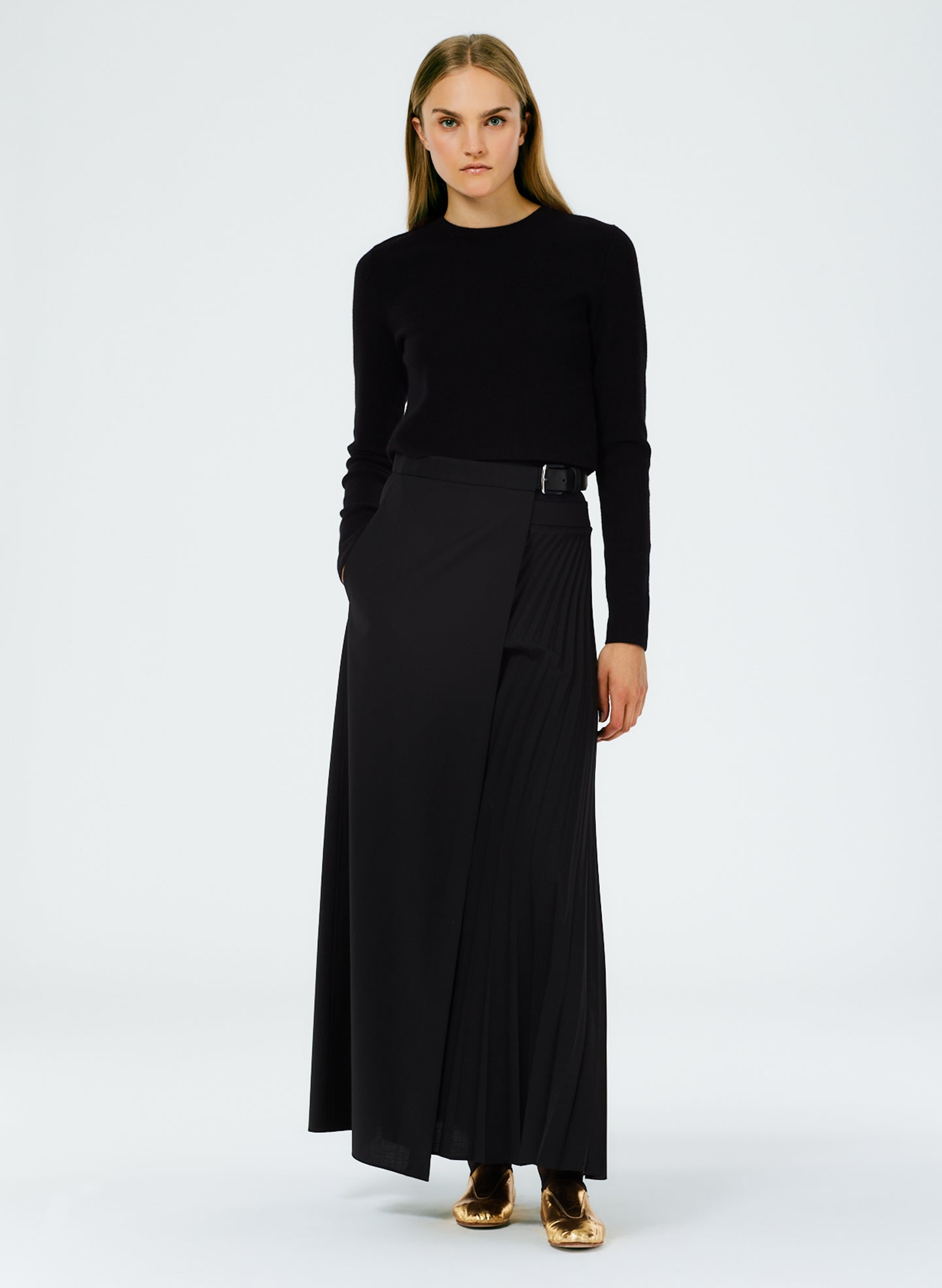 Tropical Wool Pleated Leather Belt Maxi Skirt - Black-1