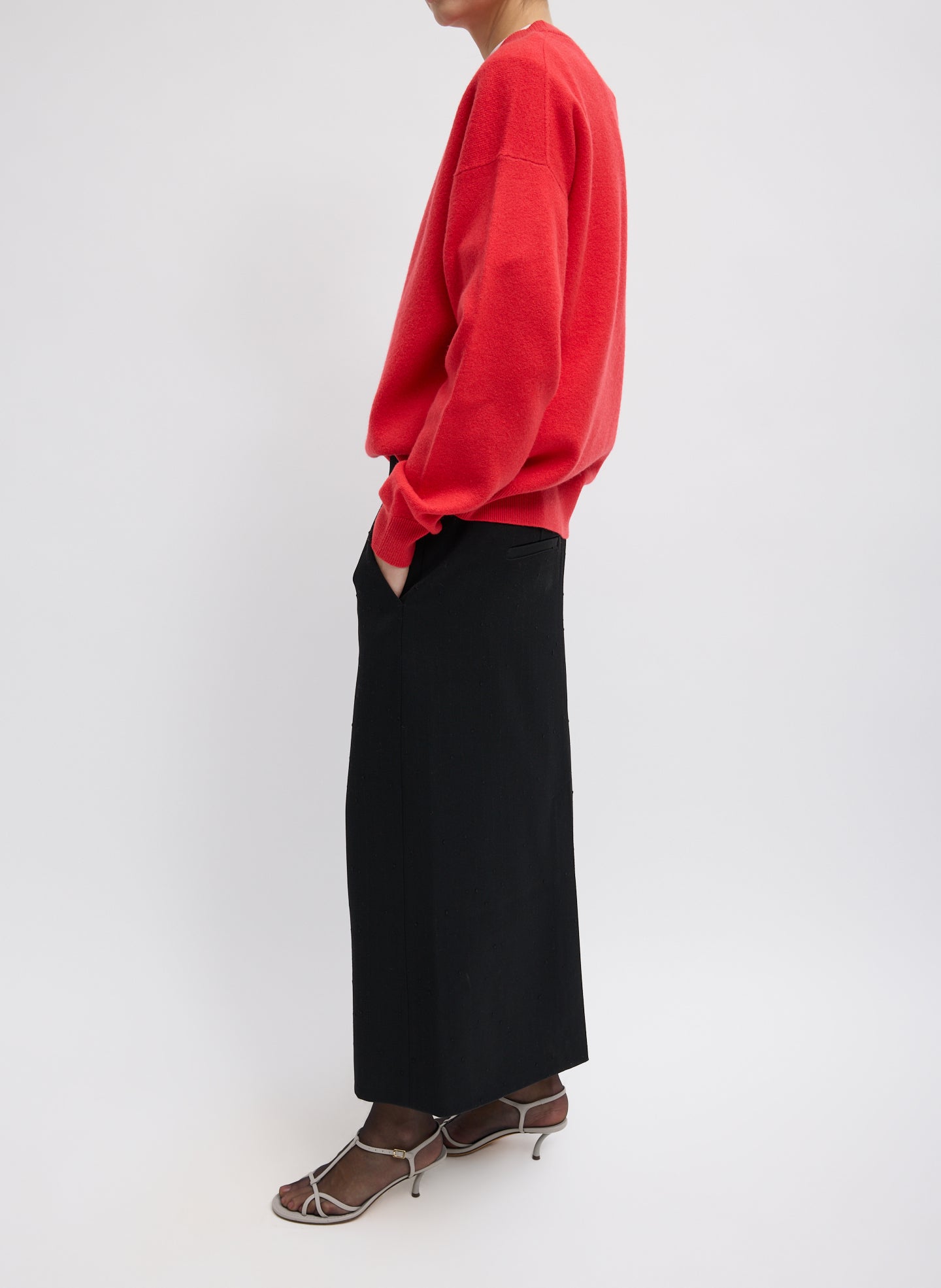 Red Boiled Wool Crewneck Easy Pullover - full look, side view on model