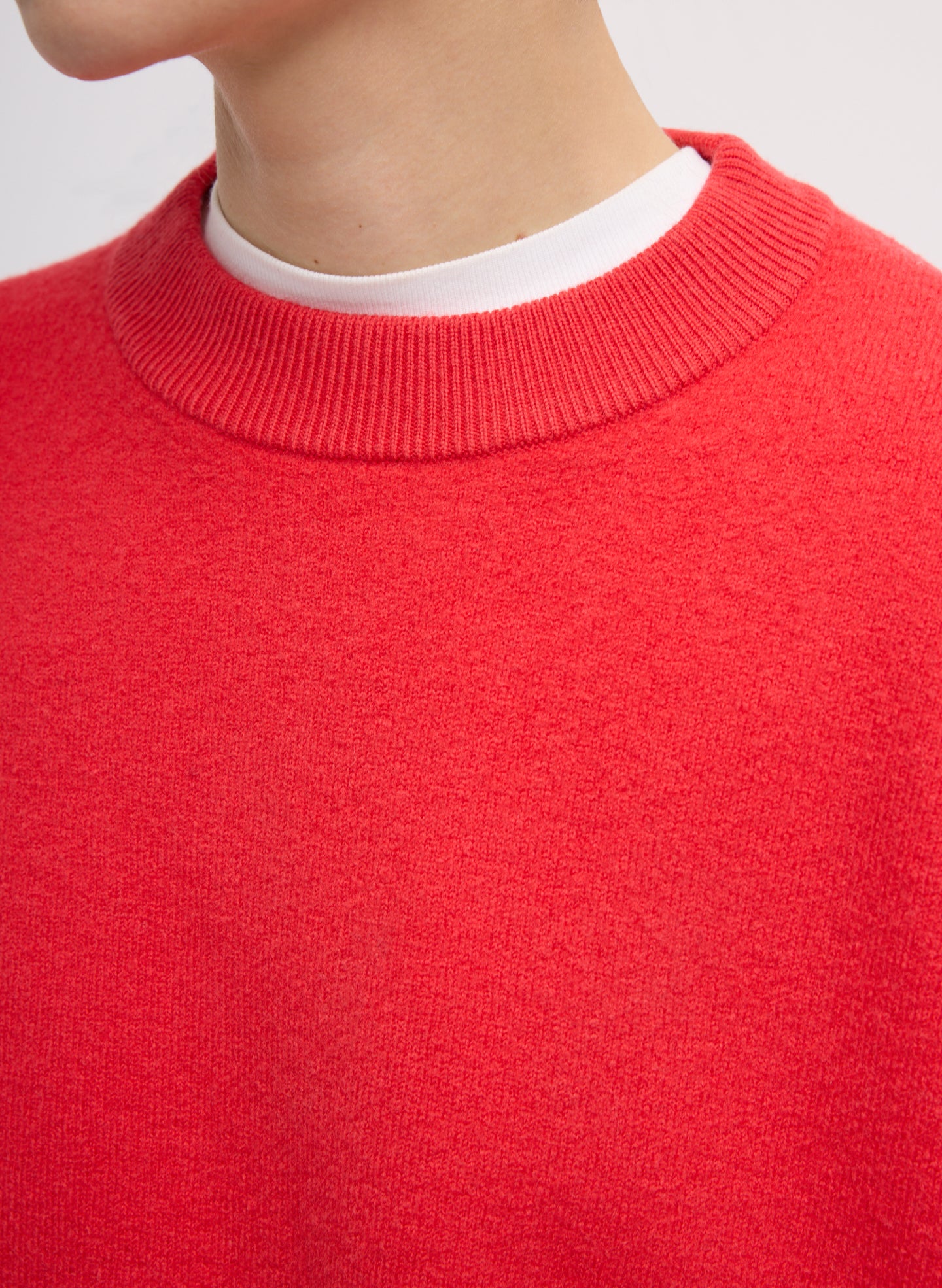 Red Boiled Wool Crewneck Easy Pullover - closeup of ribbed neckline