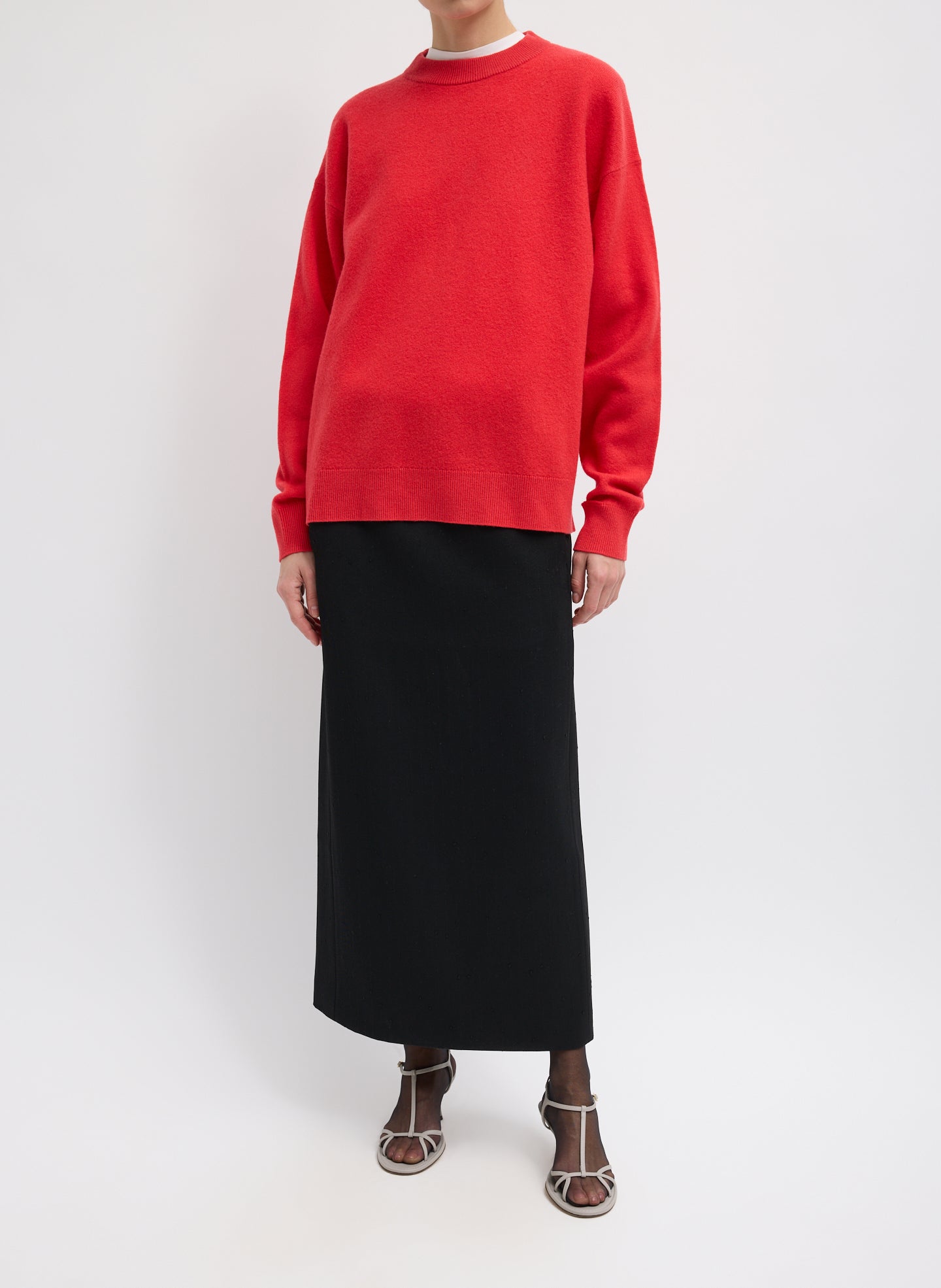 Red Boiled Wool Crewneck Easy Pullover - full look, front view on model