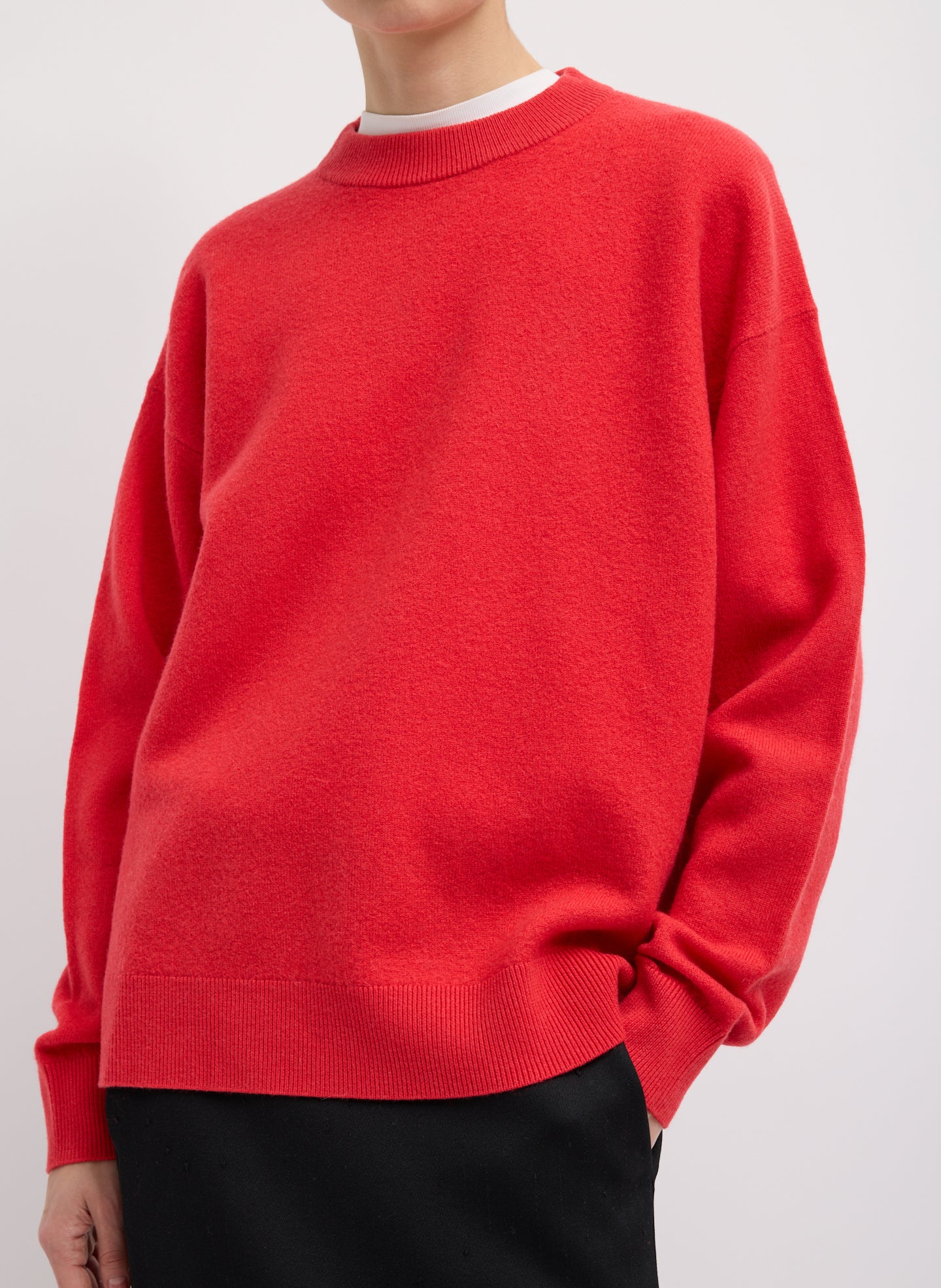 Boiled Wool Crewneck Easy Pullover - Red Boiled Wool Crewneck Easy Pullover - relaxed fit, front view on model