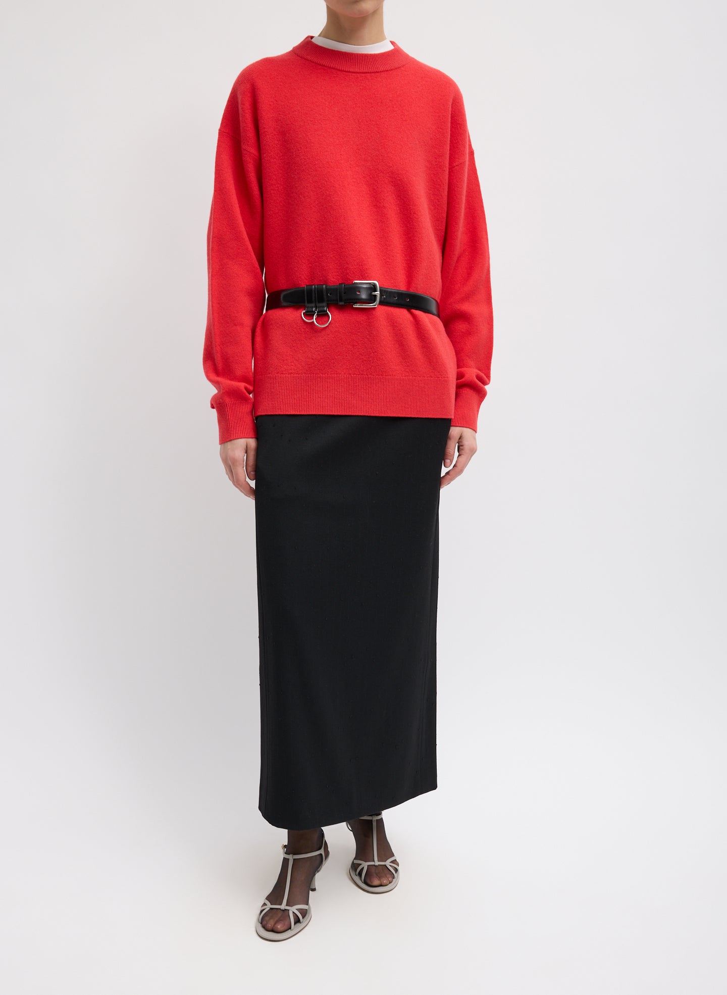 Red Boiled Wool Crewneck Easy Pullover - belted, full look, front view on model