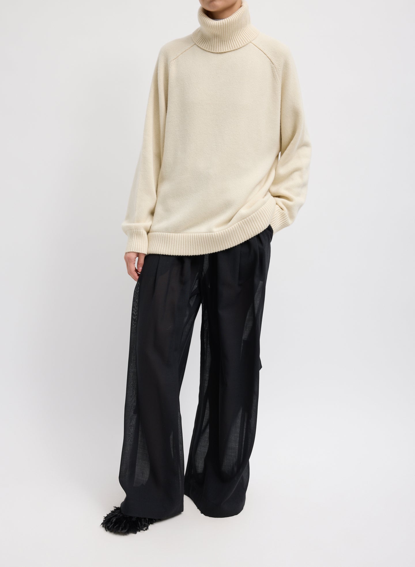 Ivory Cashmere Turtleneck Oversized Pullover Sweater - full look, front view on model