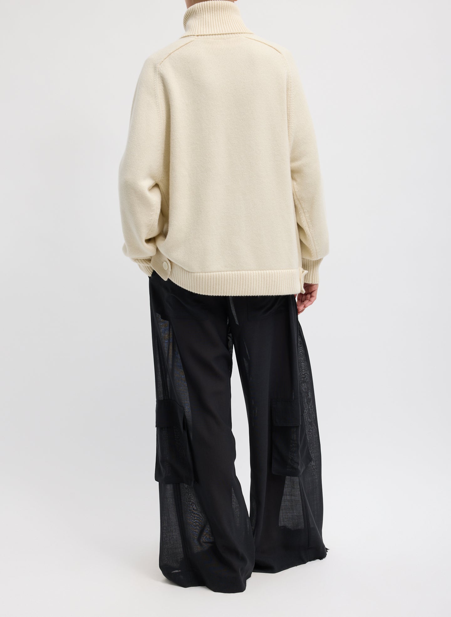 Ivory Cashmere Turtleneck Oversized Pullover Sweater - full look, back view on model
