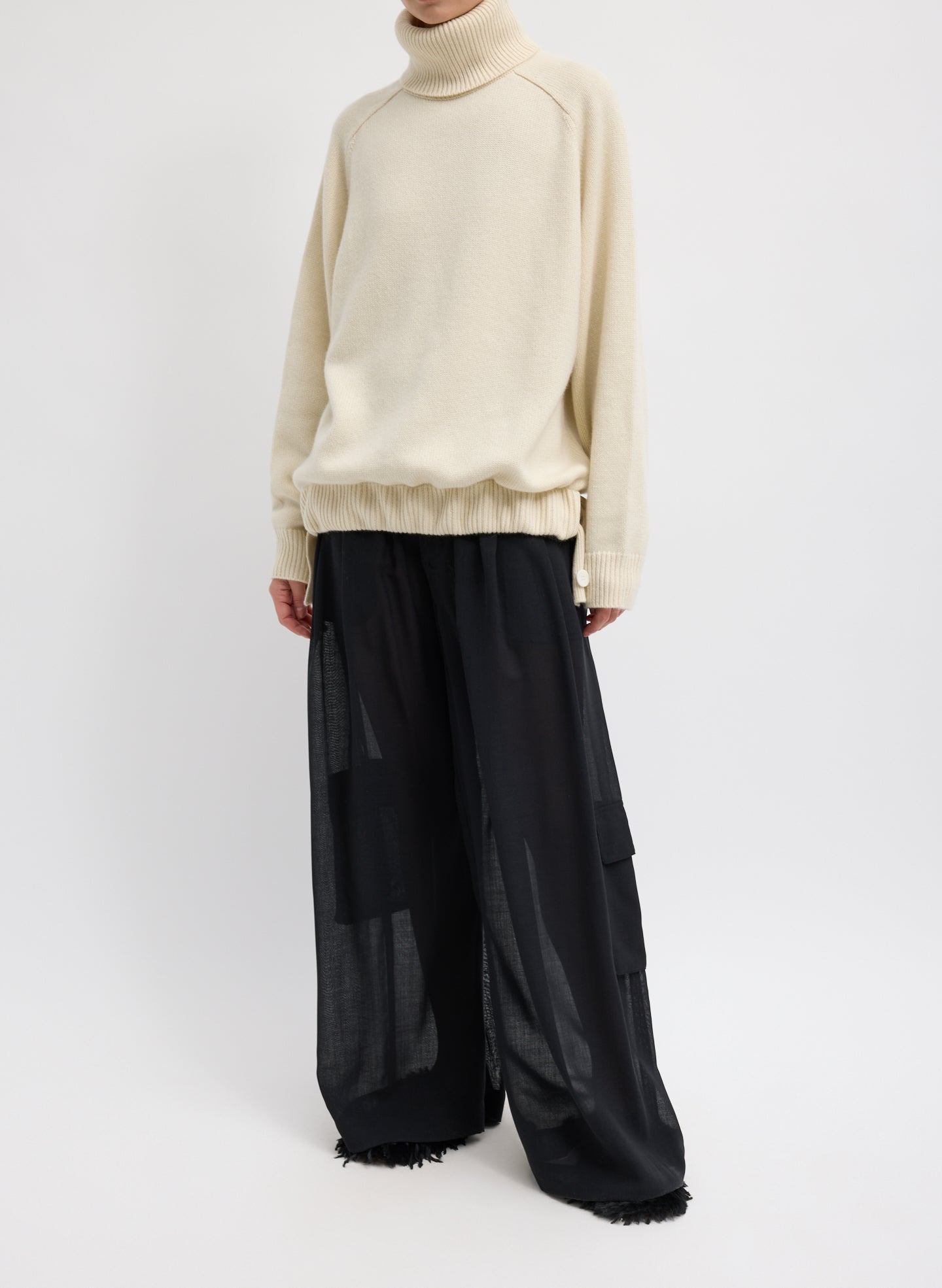 Ivory Cashmere Turtleneck Oversized Pullover Sweater - full look, front view on model