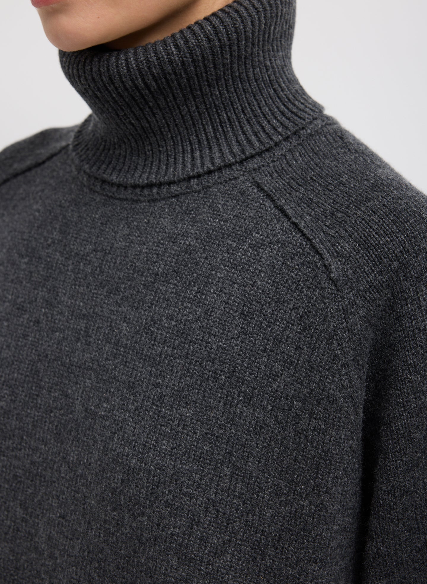 Grey Cashmere Turtleneck Oversized Pullover Sweater - closeup of ribbed turtleneck