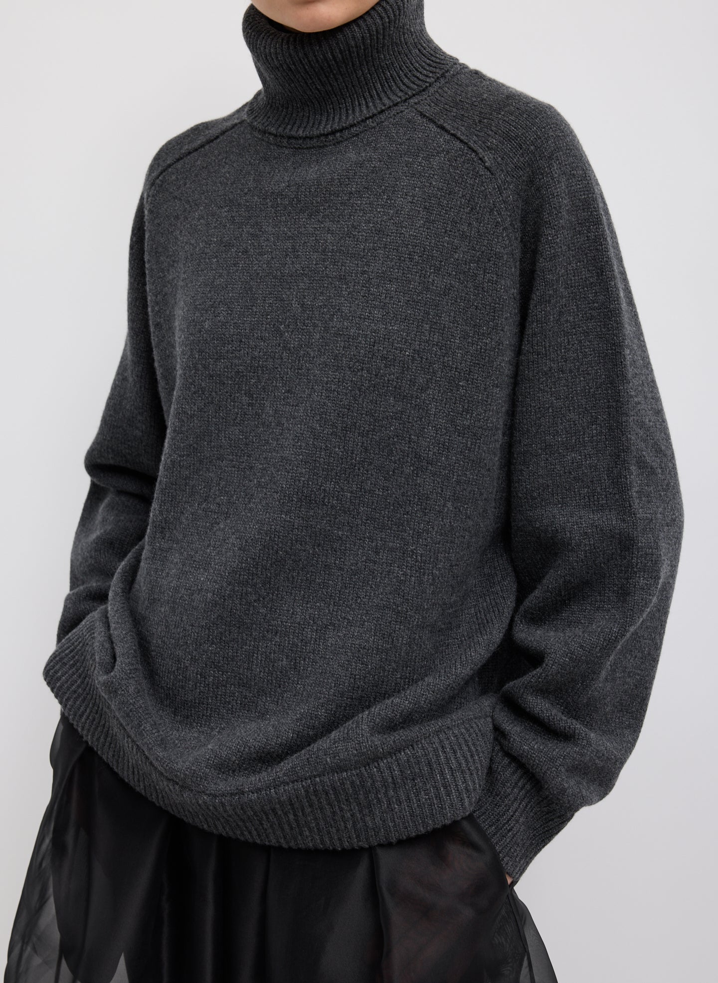 Grey Cashmere Turtleneck Oversized Pullover Sweater - front view on model