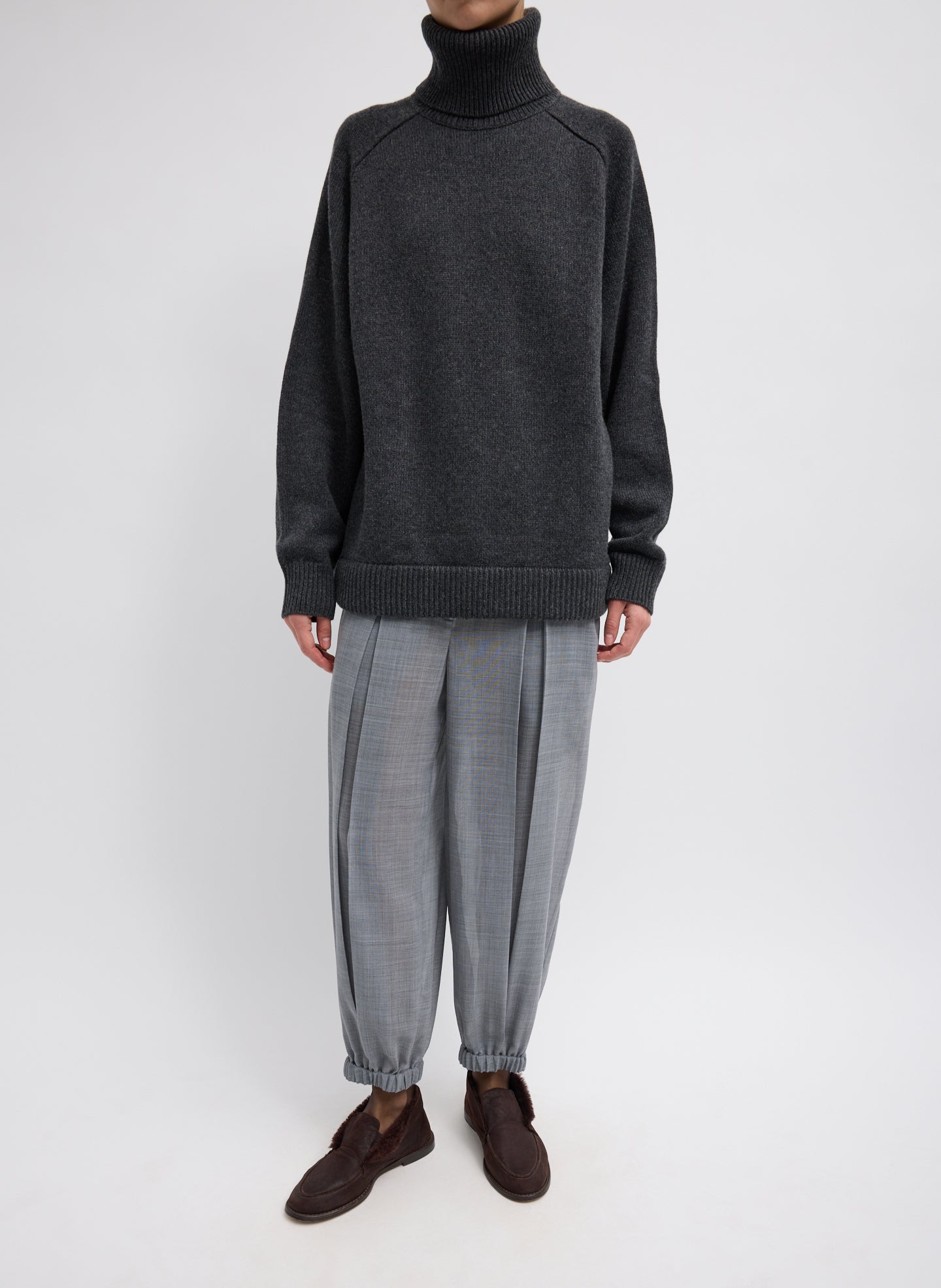 Grey Cashmere Turtleneck Oversized Pullover Sweater - full look, front view on model