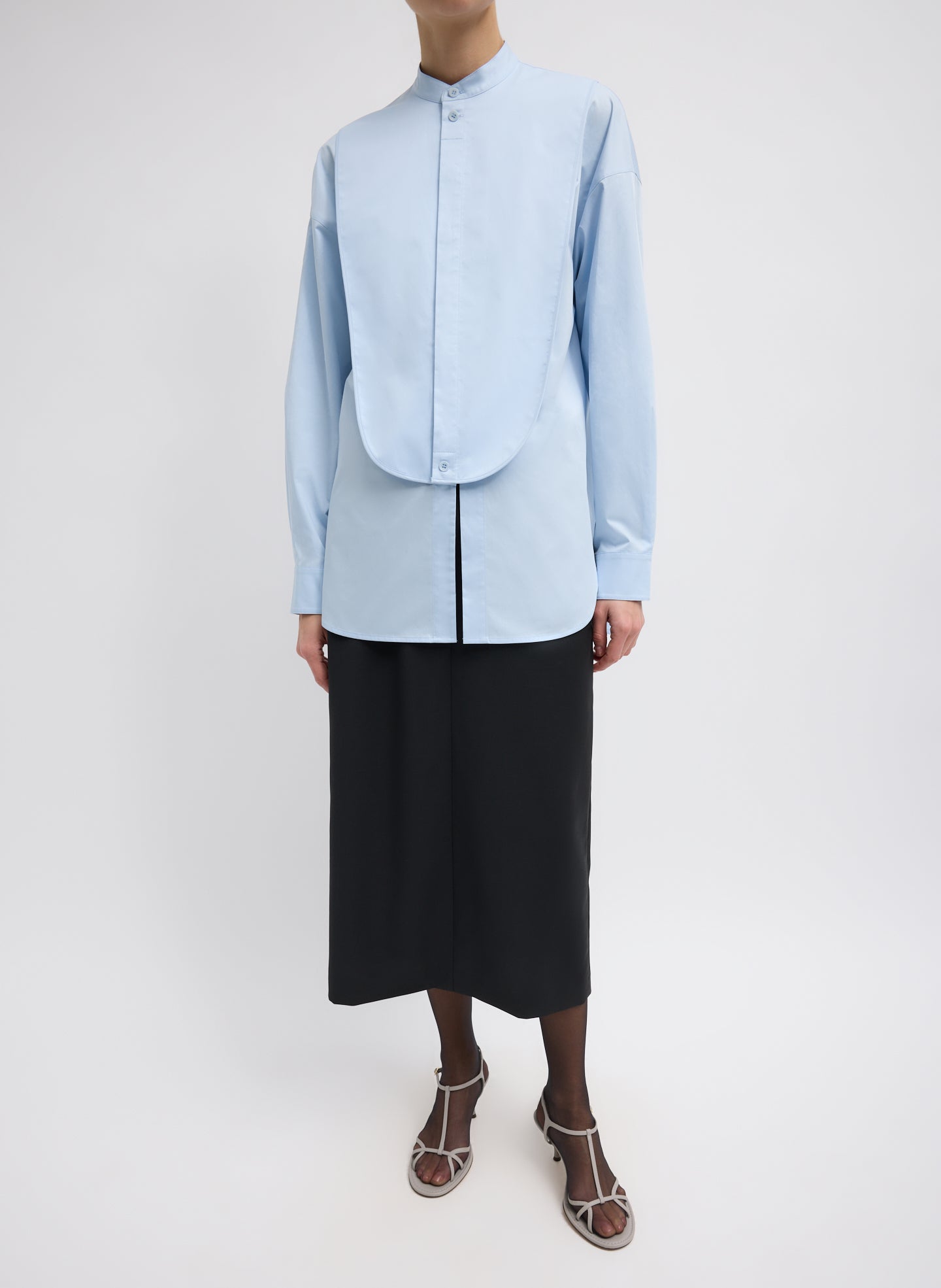 Eco Poplin Tuxedo Shirt With Bib Flap - Chambray Blue Eco Poplin Tuxedo Shirt With Bib Flap - button down, full look, front view on model