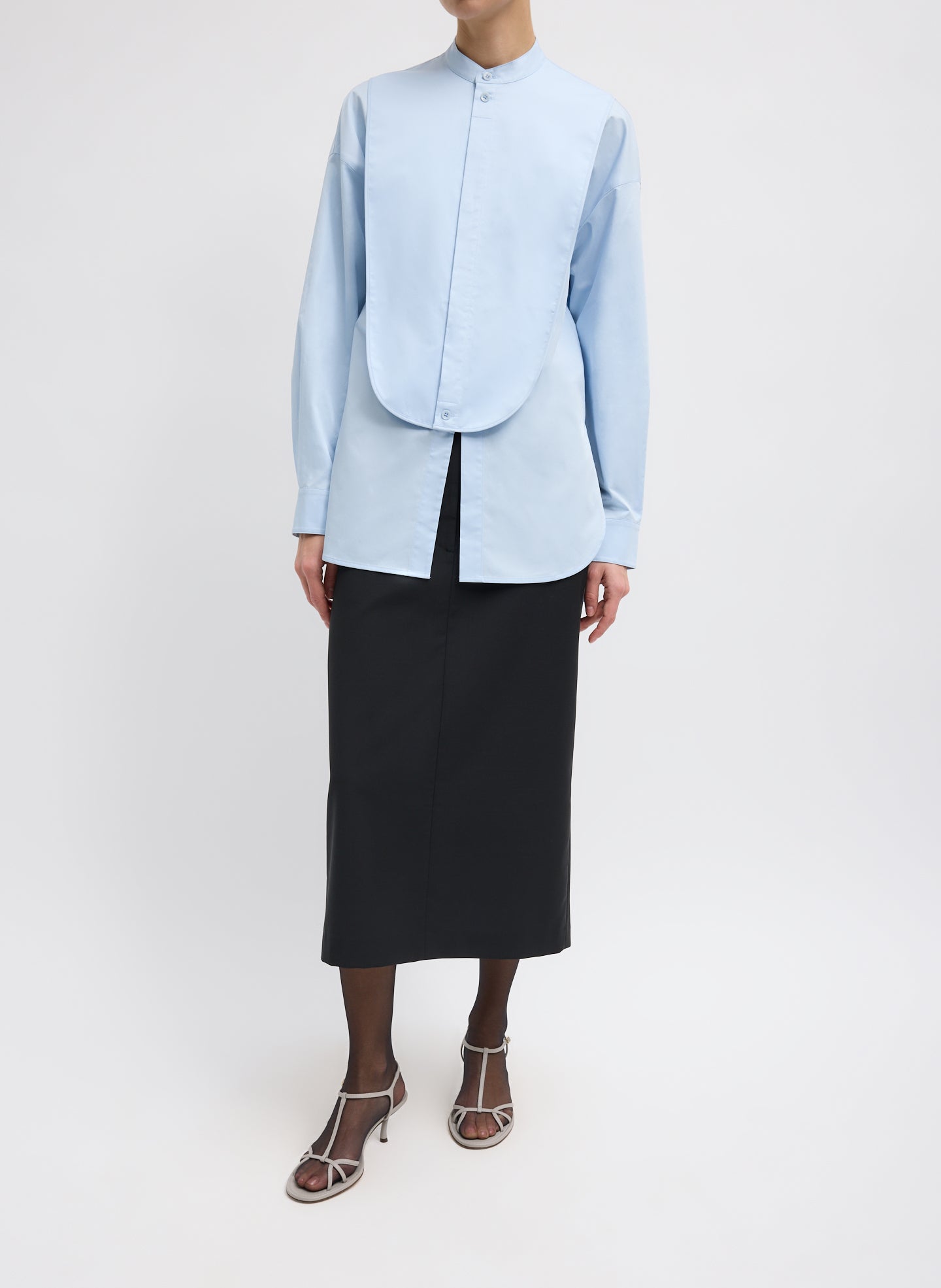 Chambray Blue Eco Poplin Tuxedo Shirt With Bib Flap - button down, full look, front view on model