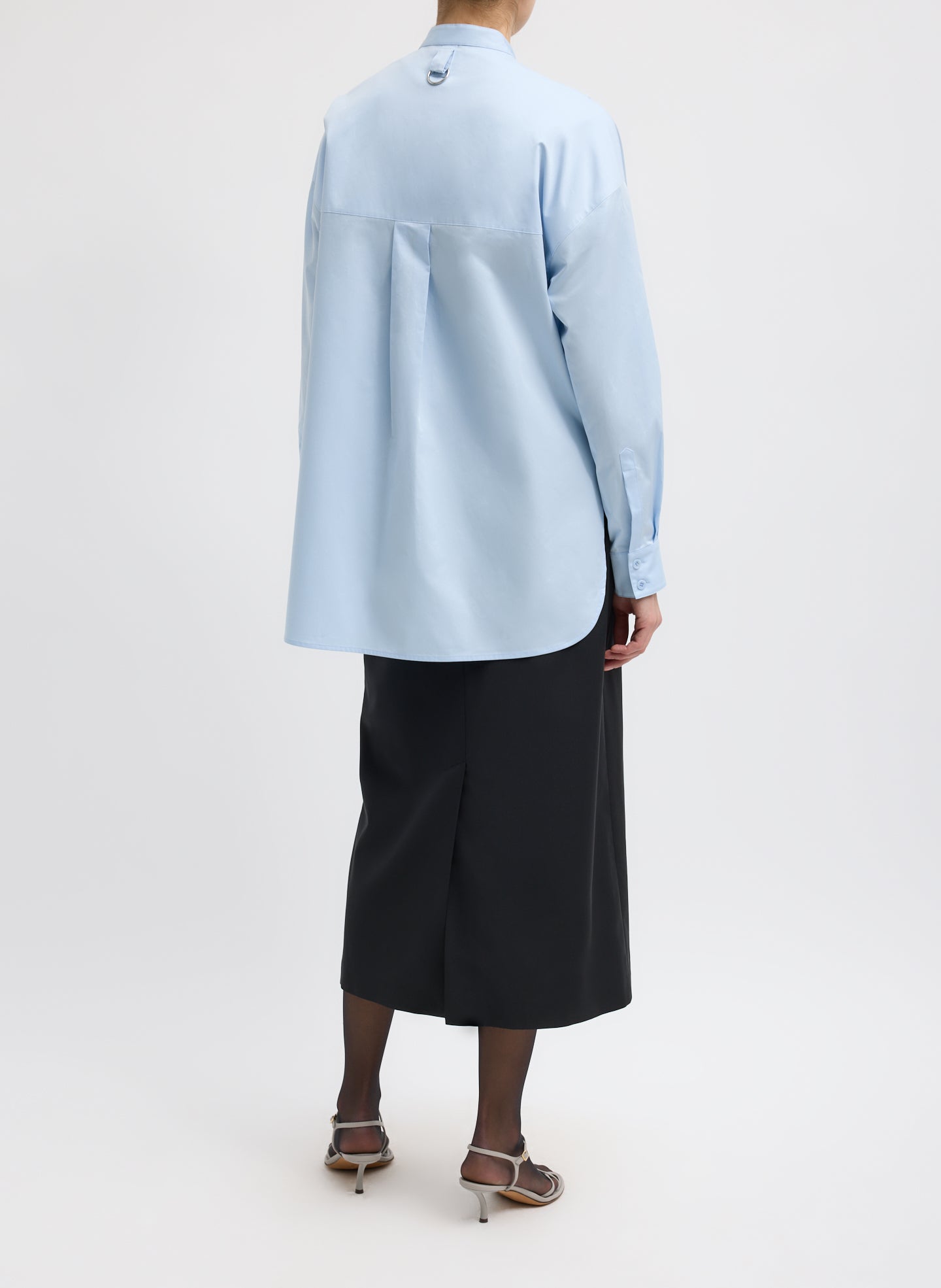 Chambray Blue Eco Poplin Tuxedo Shirt With Bib Flap - button down, full look, back view on model