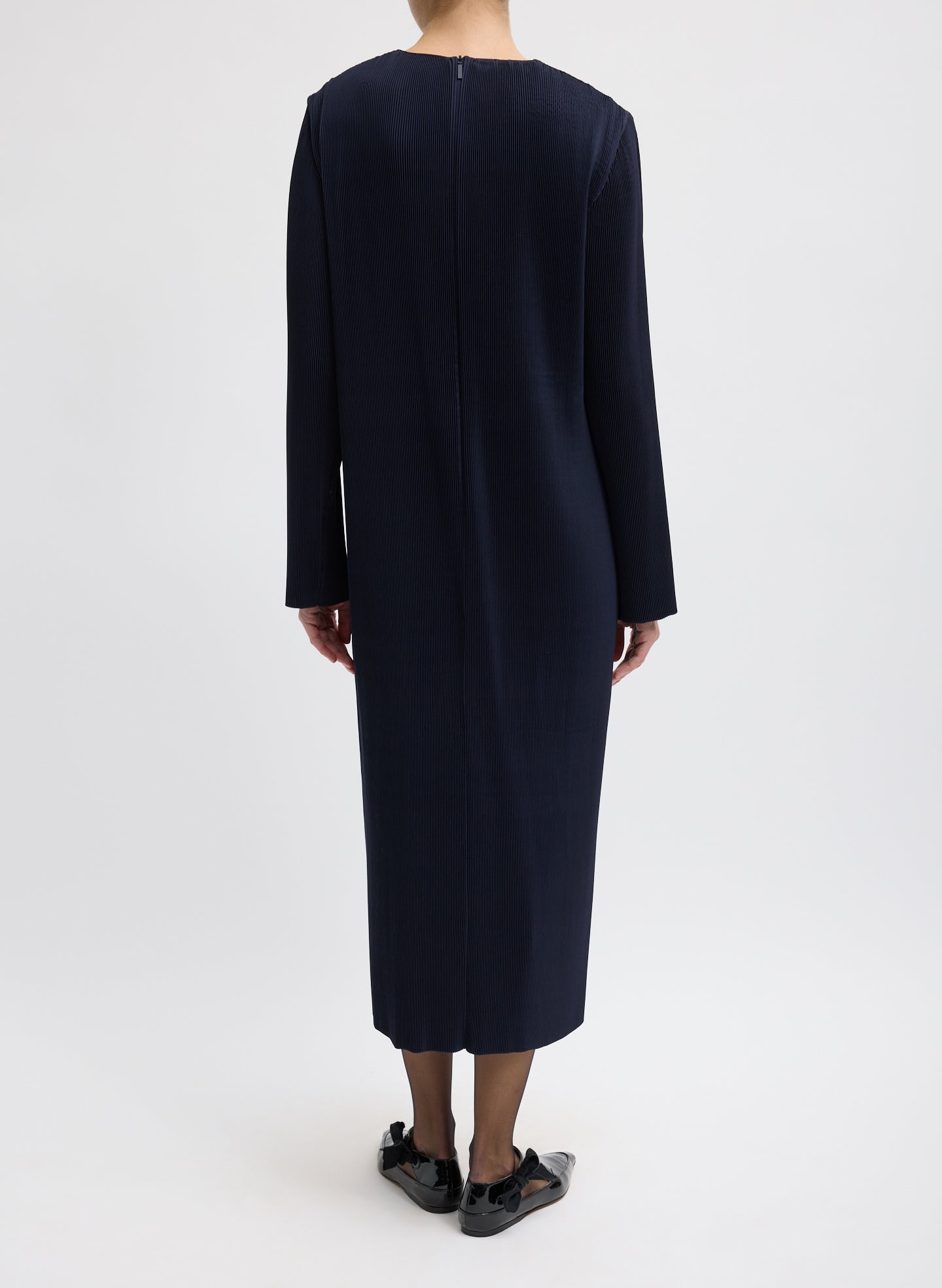 Dark Navy Plisse Midi Dress - long sleeve, back view on model