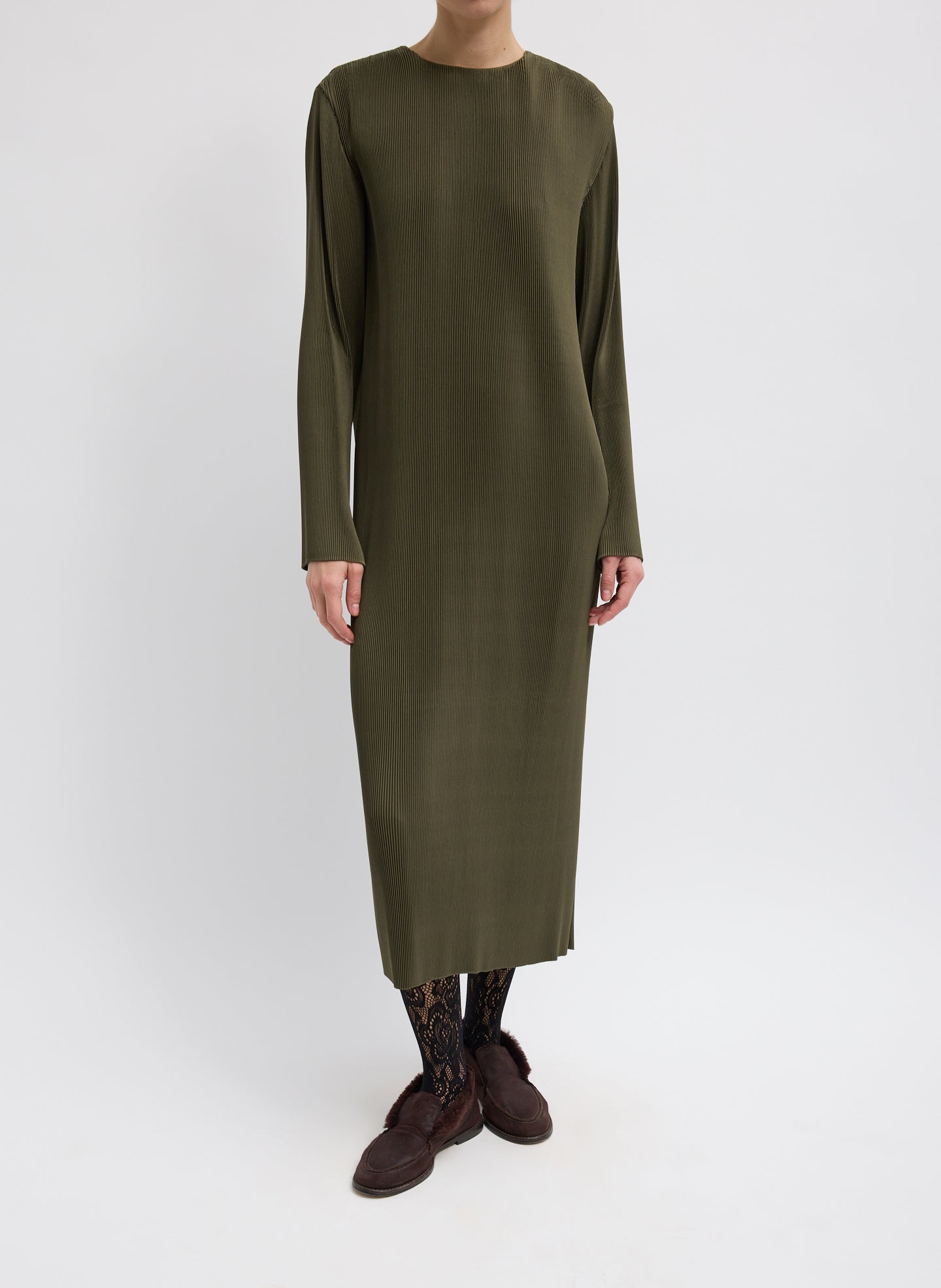 Dark Green Plisse Midi Dress - long sleeve, front view on model