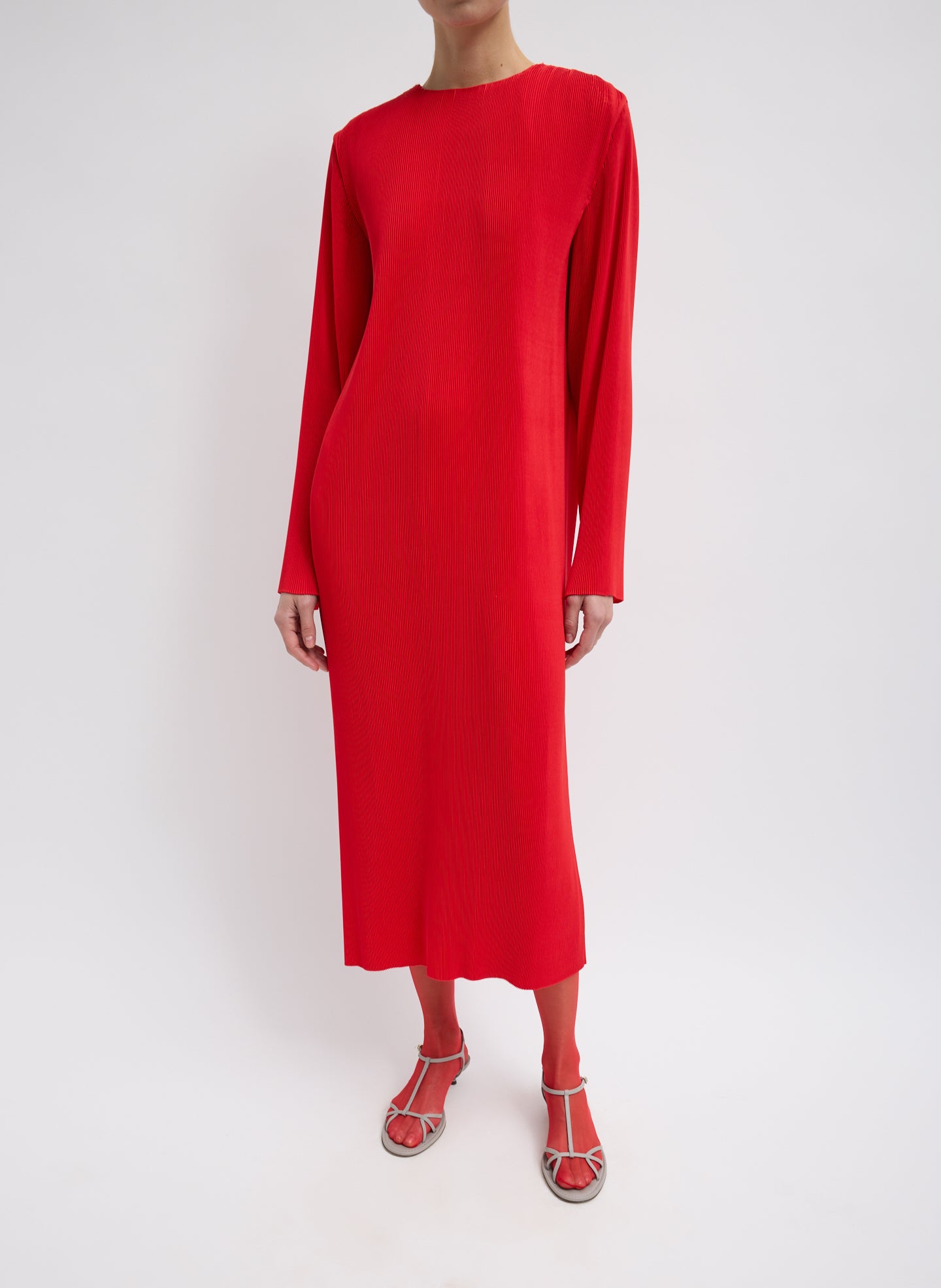 Plissé Midi Dress - Red Plisse Midi Dress - long sleeve, front view on model