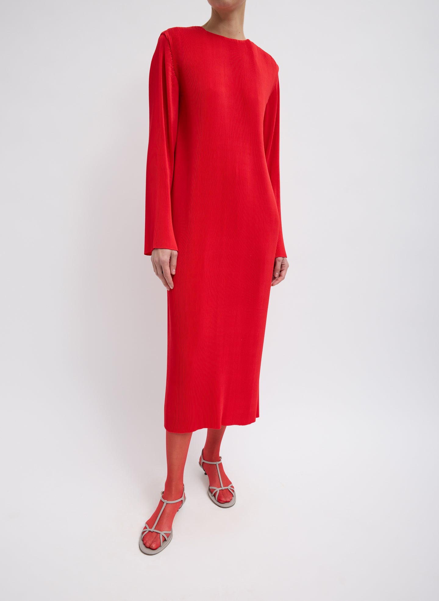 Red Plisse Midi Dress - long sleeve, front view on model