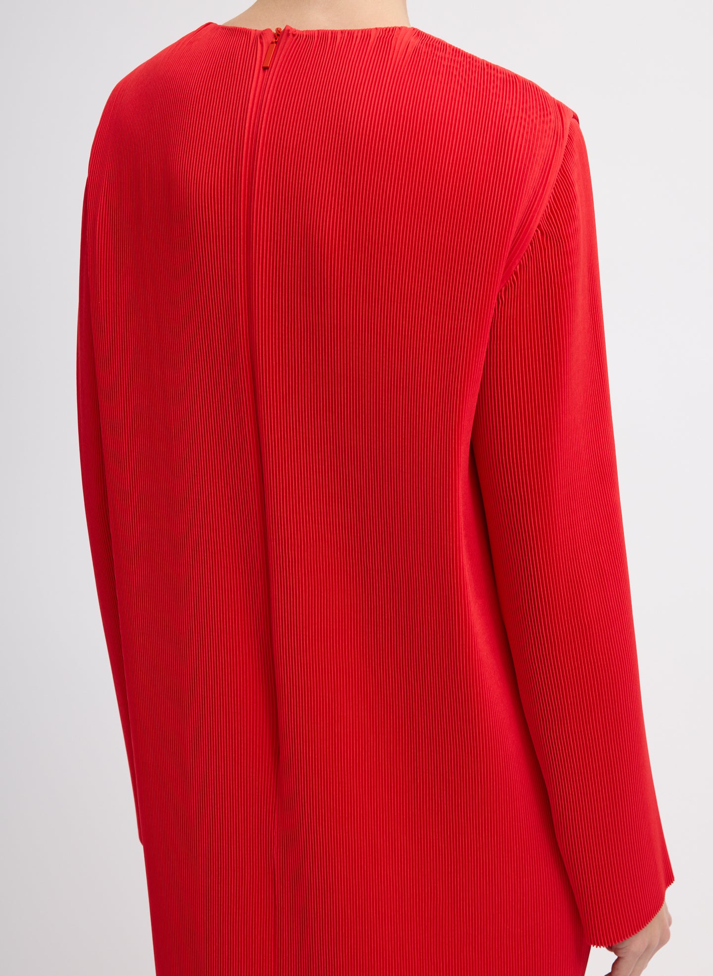 Red Plisse Midi Dress - closeup of back zip detail