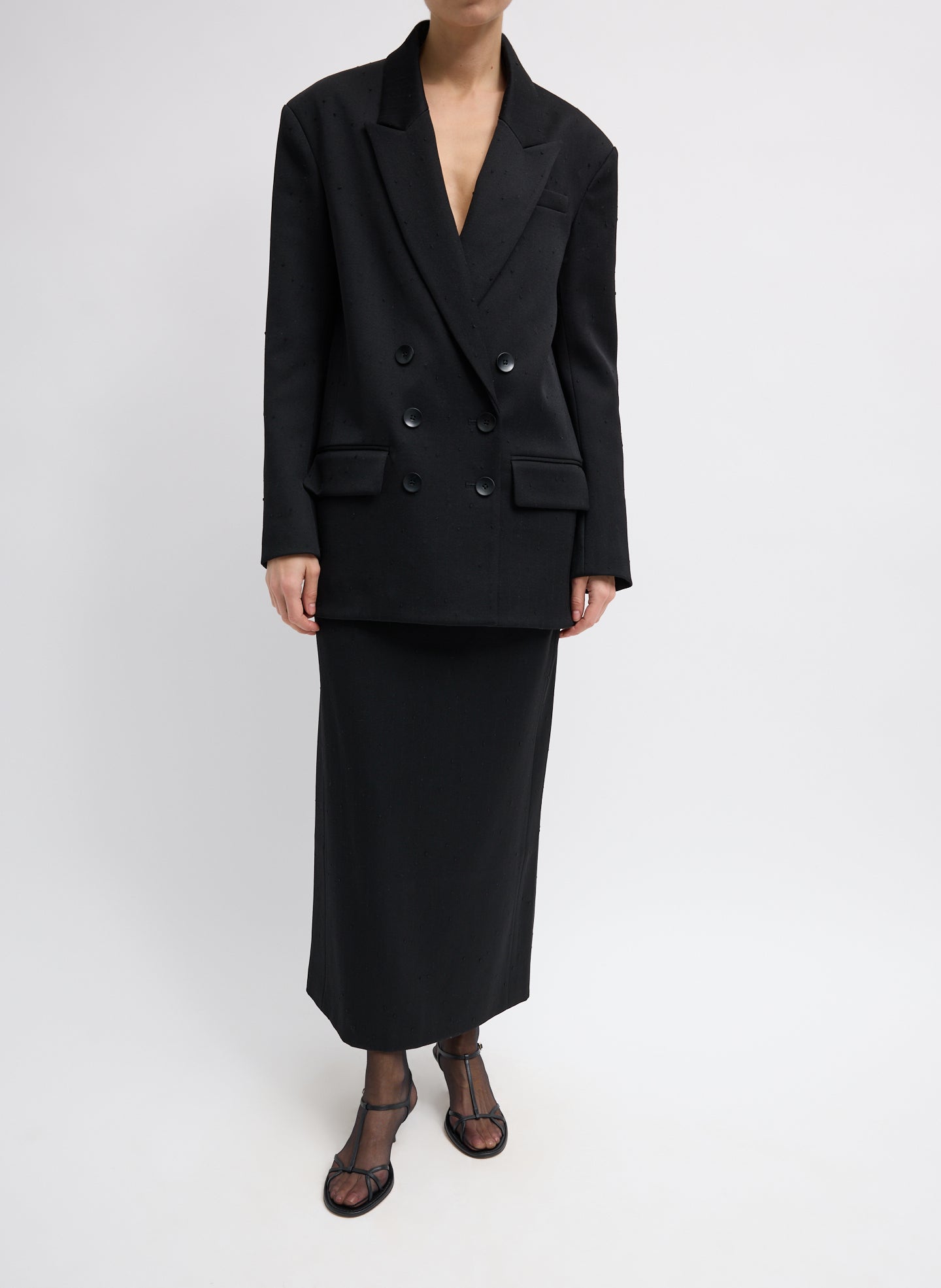 Black Refined Wool Slub Pencil Skirt - full look with blazer, front view on model
