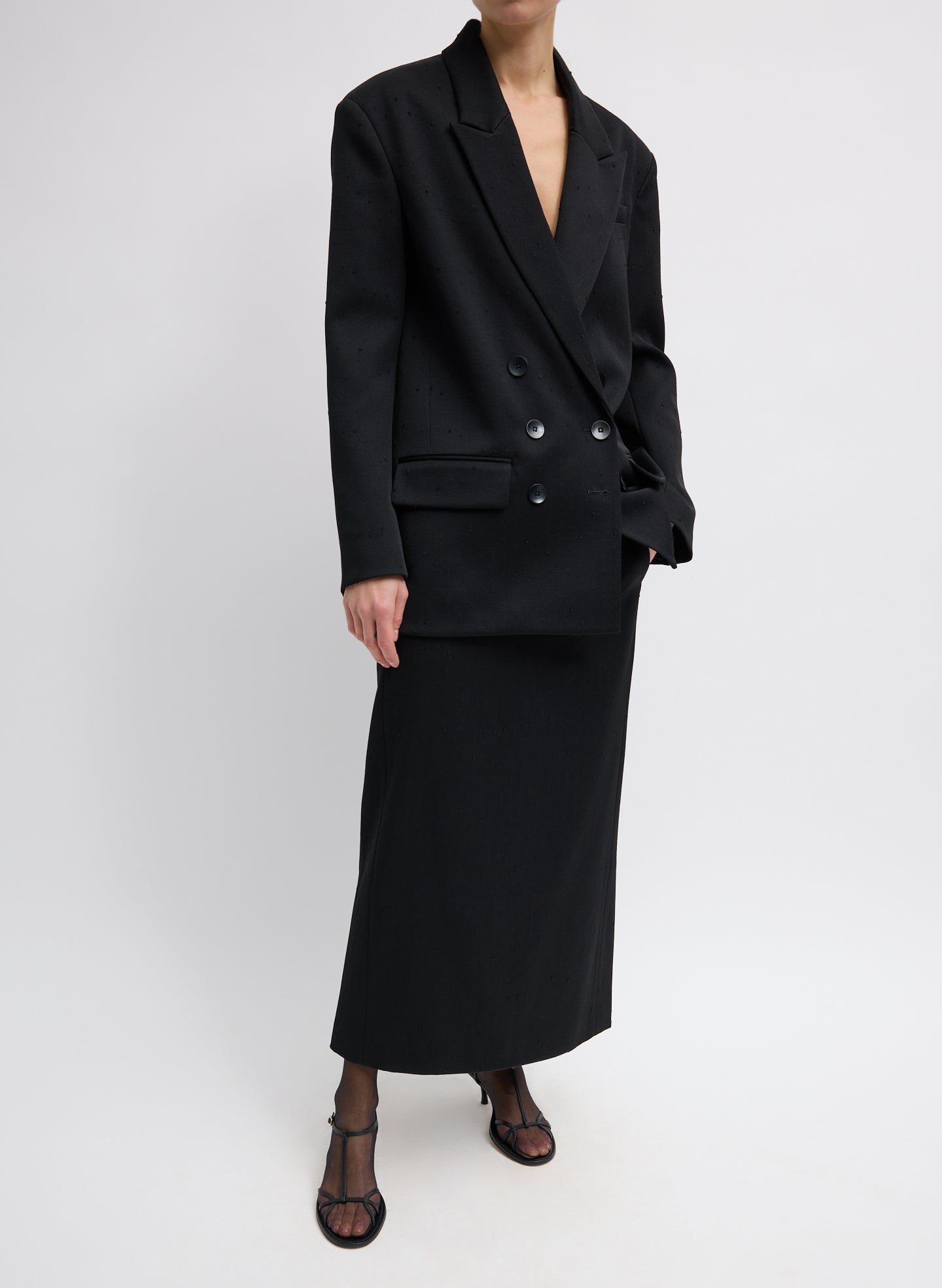 Black Refined Wool Slub Pencil Skirt - full look with blazer, front view on model