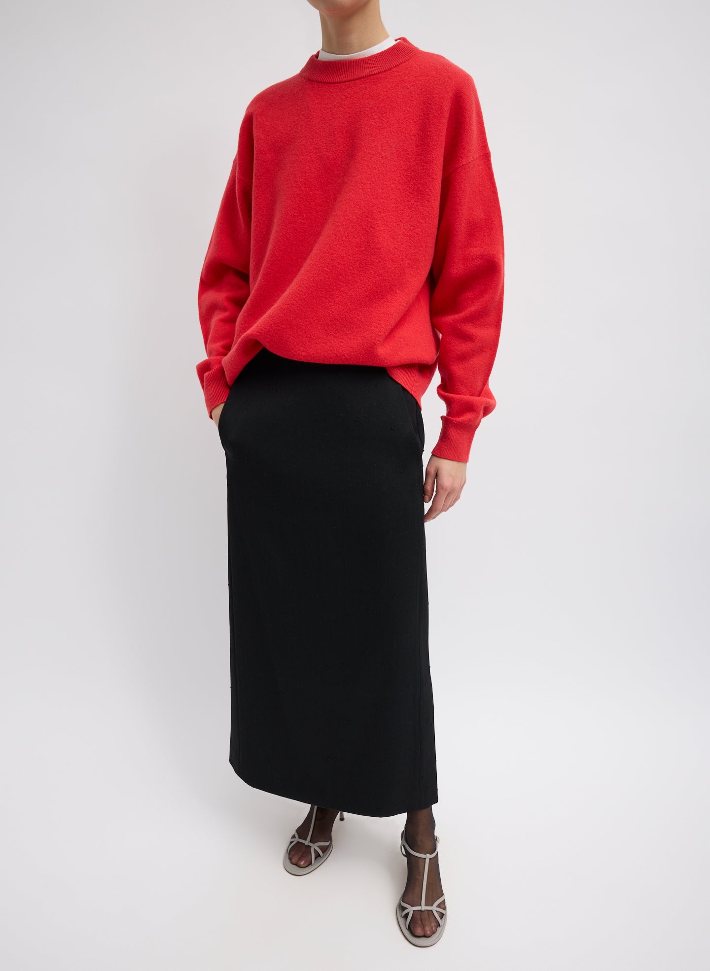 Refined Wool Slub Pencil Skirt - Black Refined Wool Slub Pencil Skirt - full look, front view on model