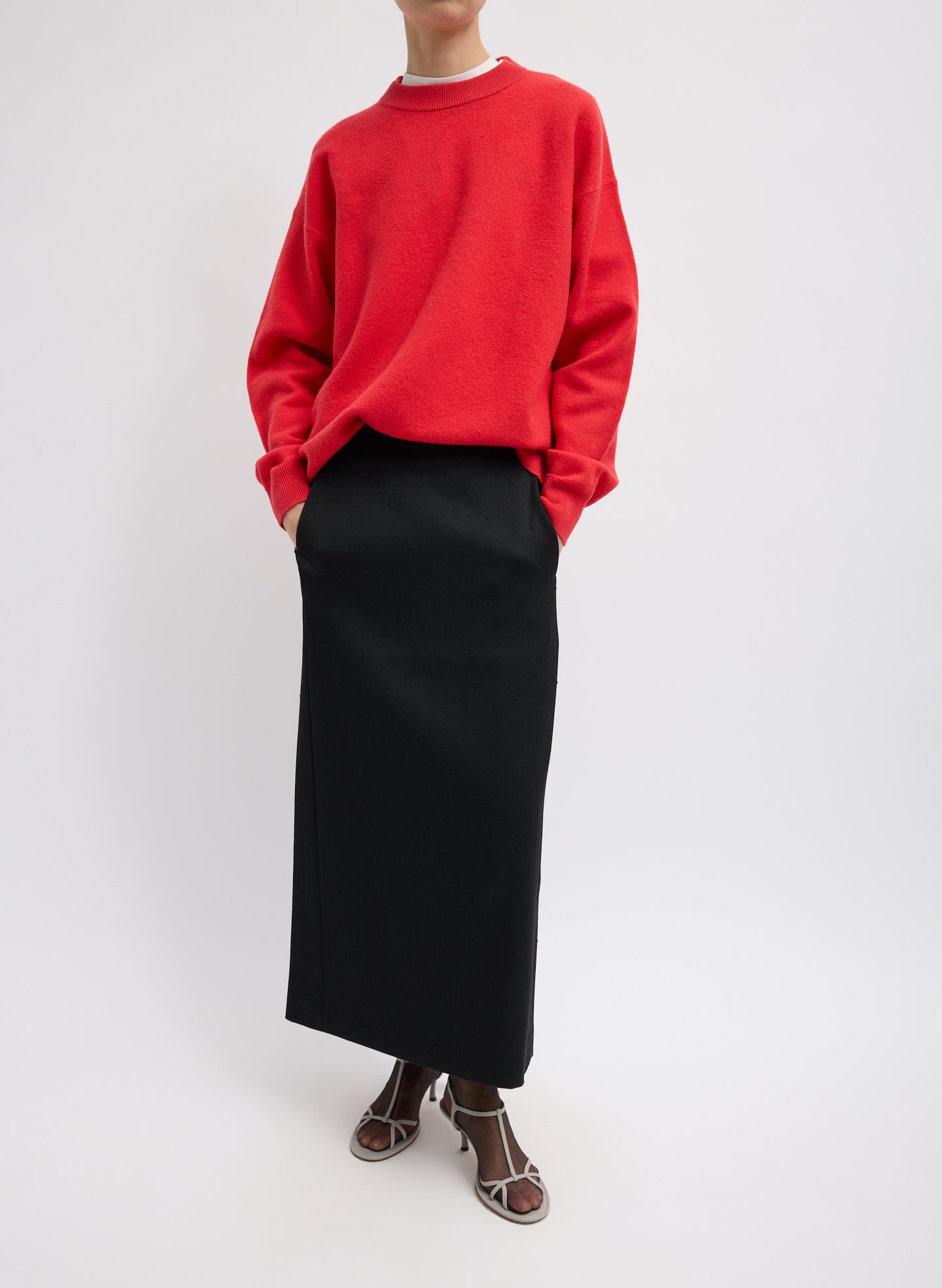 Black Refined Wool Slub Pencil Skirt - full look, front view on model