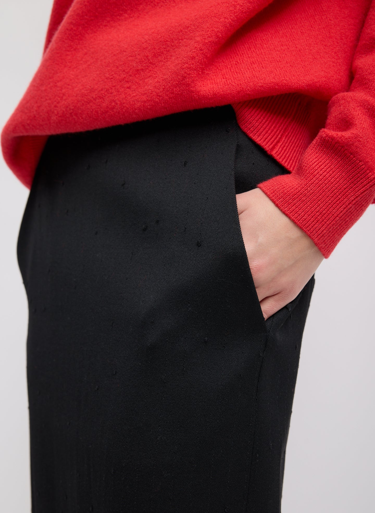 Black Refined Wool Slub Pencil Skirt - closeup of side pocket detail