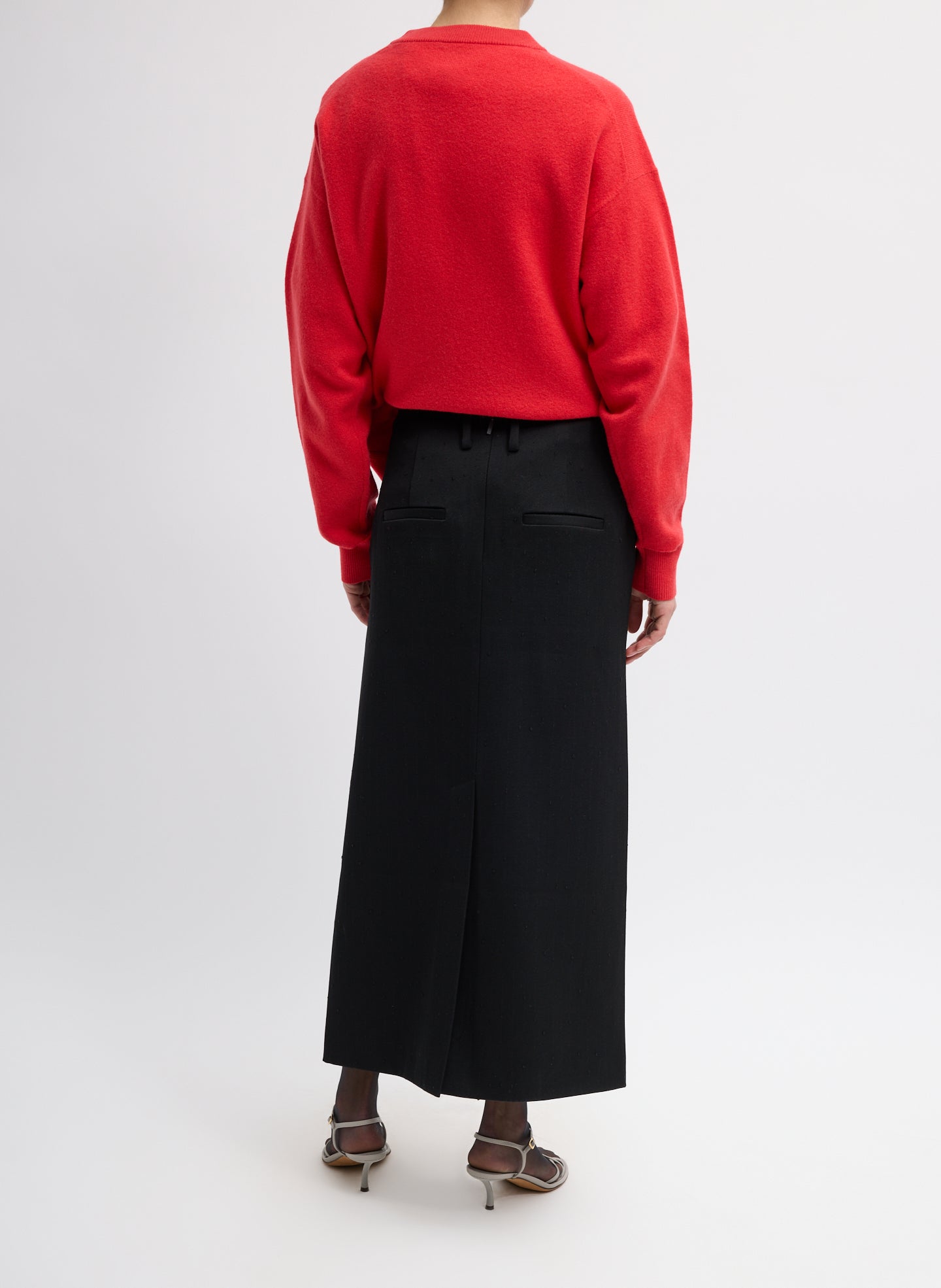 Black Refined Wool Slub Pencil Skirt - full look, back view on model