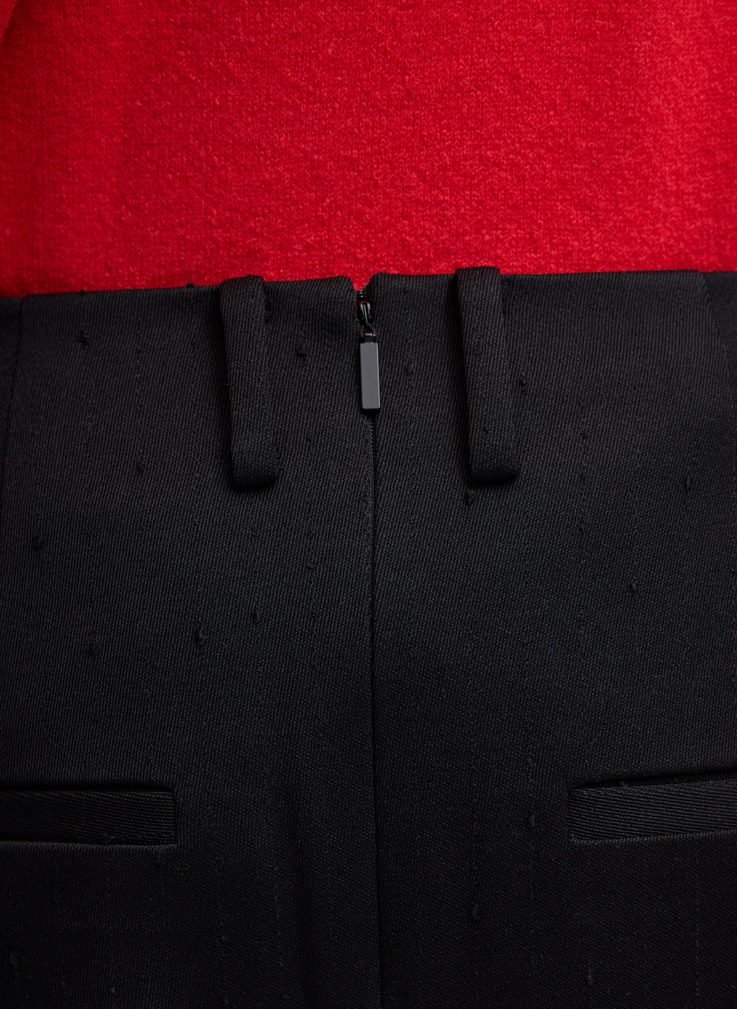Black Refined Wool Slub Pencil Skirt - closeup of wool slub fabric and back belt loop detail
