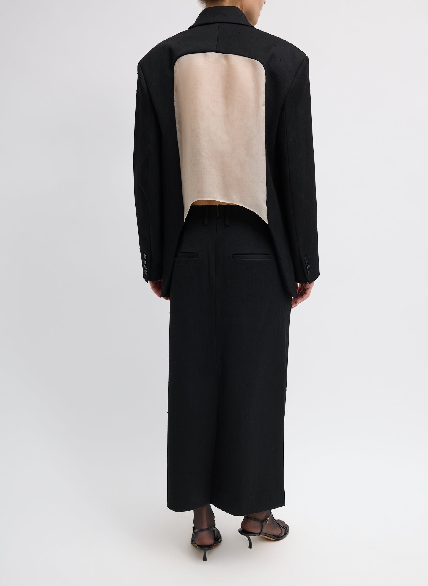 Black Refined Wool Slub Blazer With Cut Out Organza Back - full look, back view on model