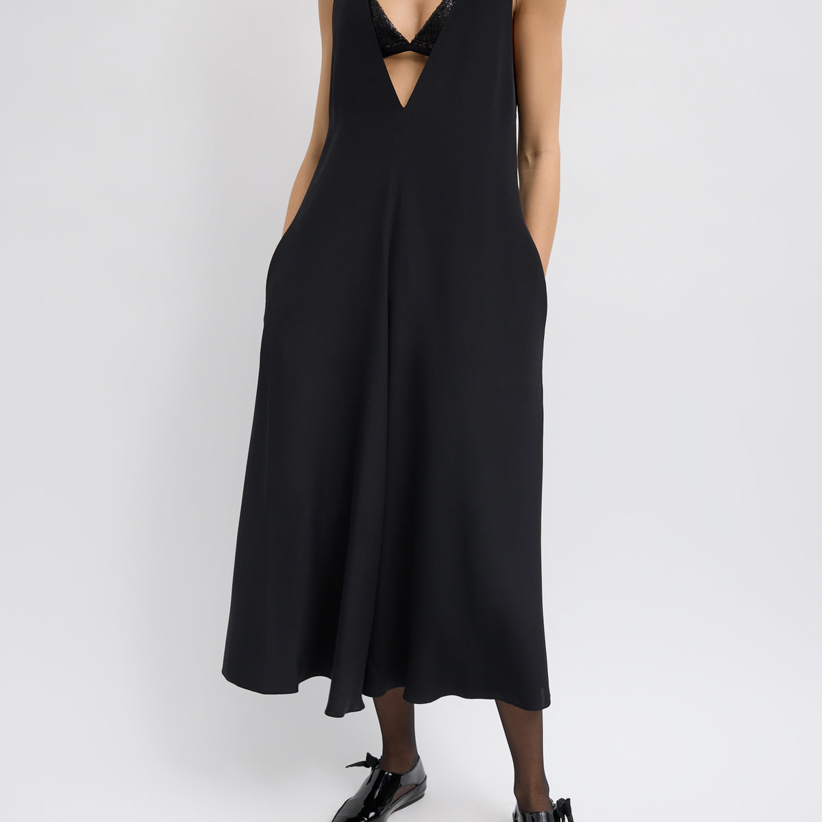 tibi sequin dress 4-Ply Silk V-Neck Dress With Bra Black / 14 / W125SL1653