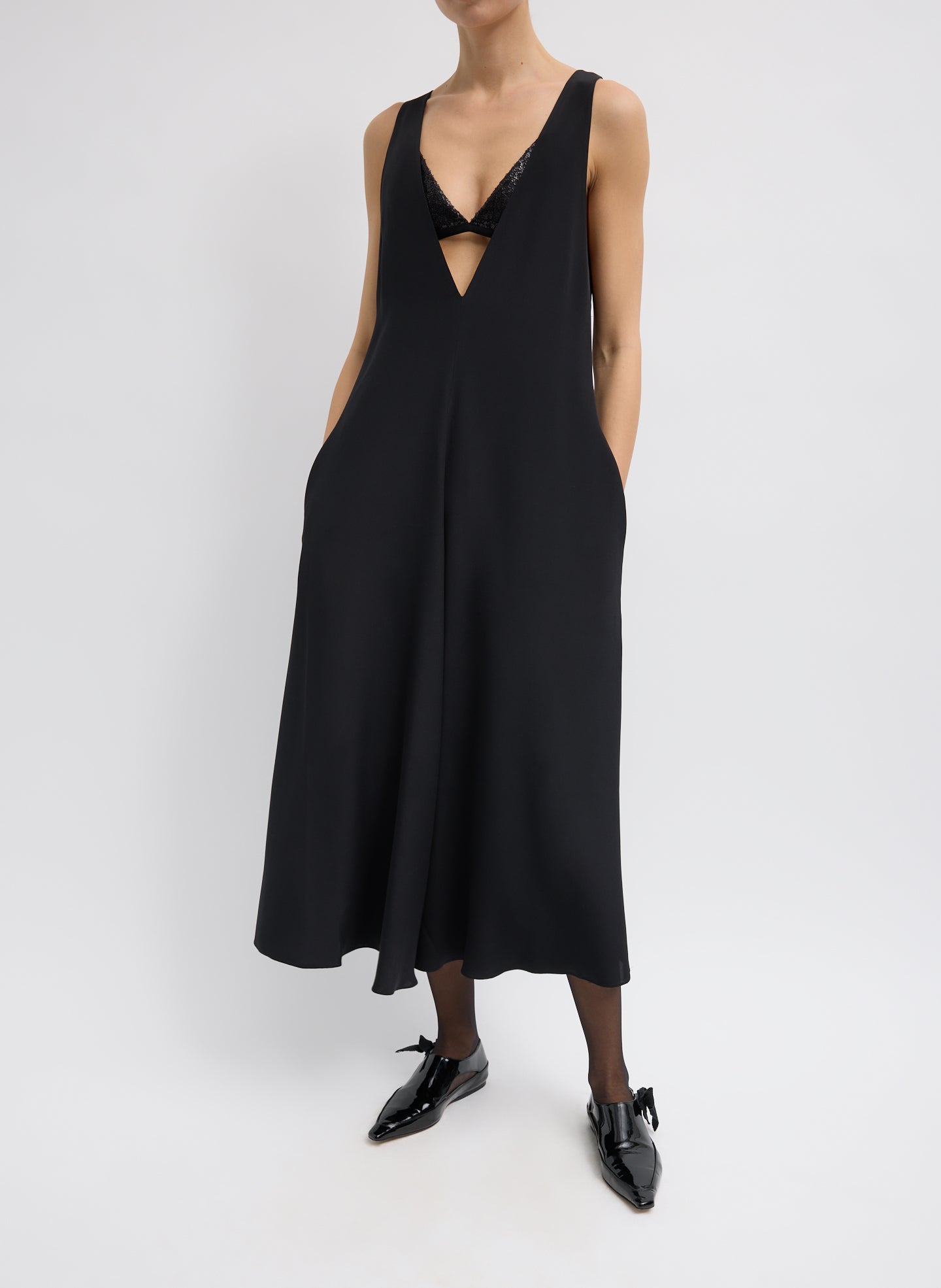 4-Ply Silk V-Neck Dress With Bra - Black 4-Ply Silk V-Neck Dress With Bra - low cut v-neck, front view on model