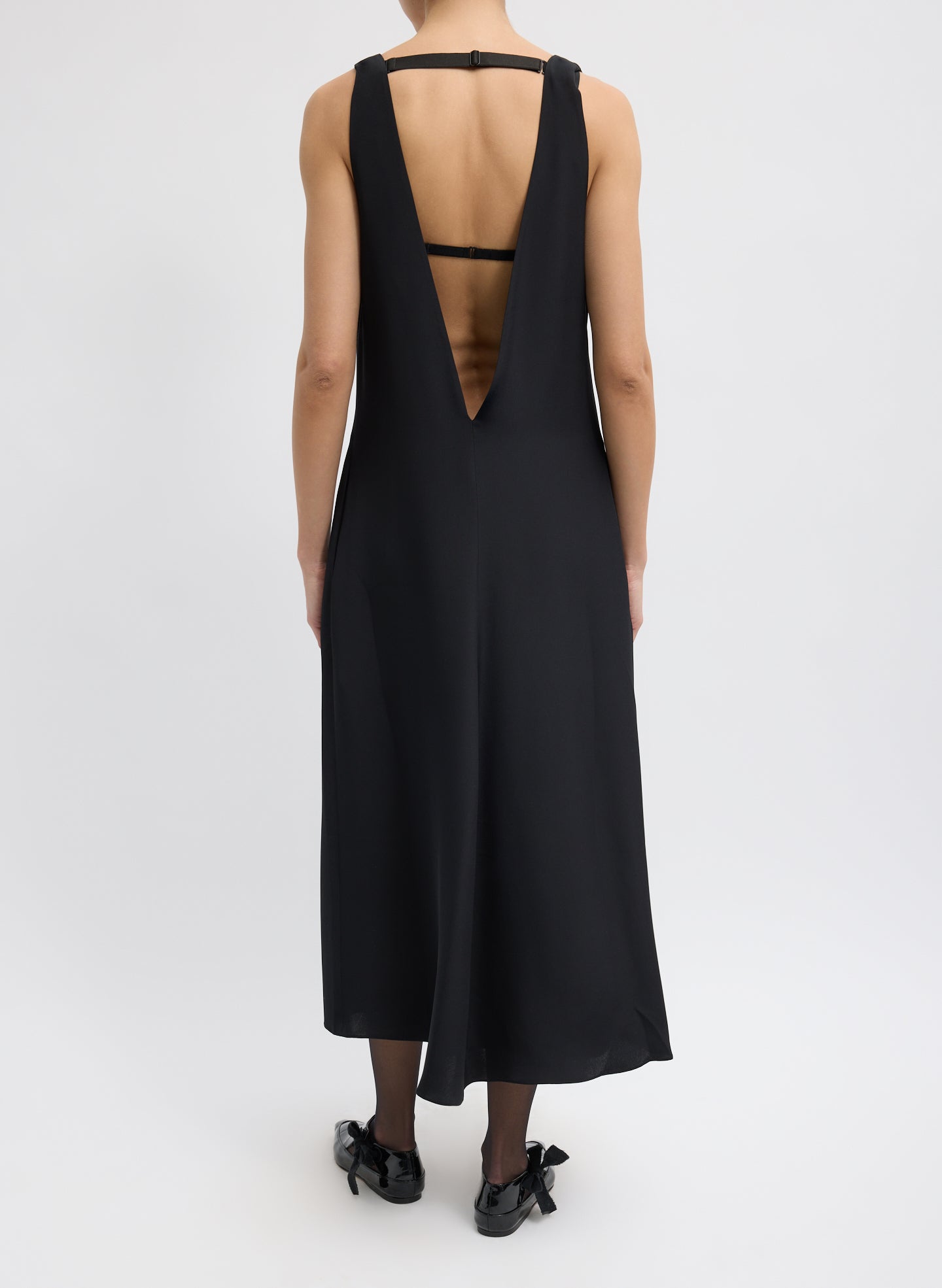 Black 4-Ply Silk V-Neck Dress With Bra - low cut v-neck, back view on model