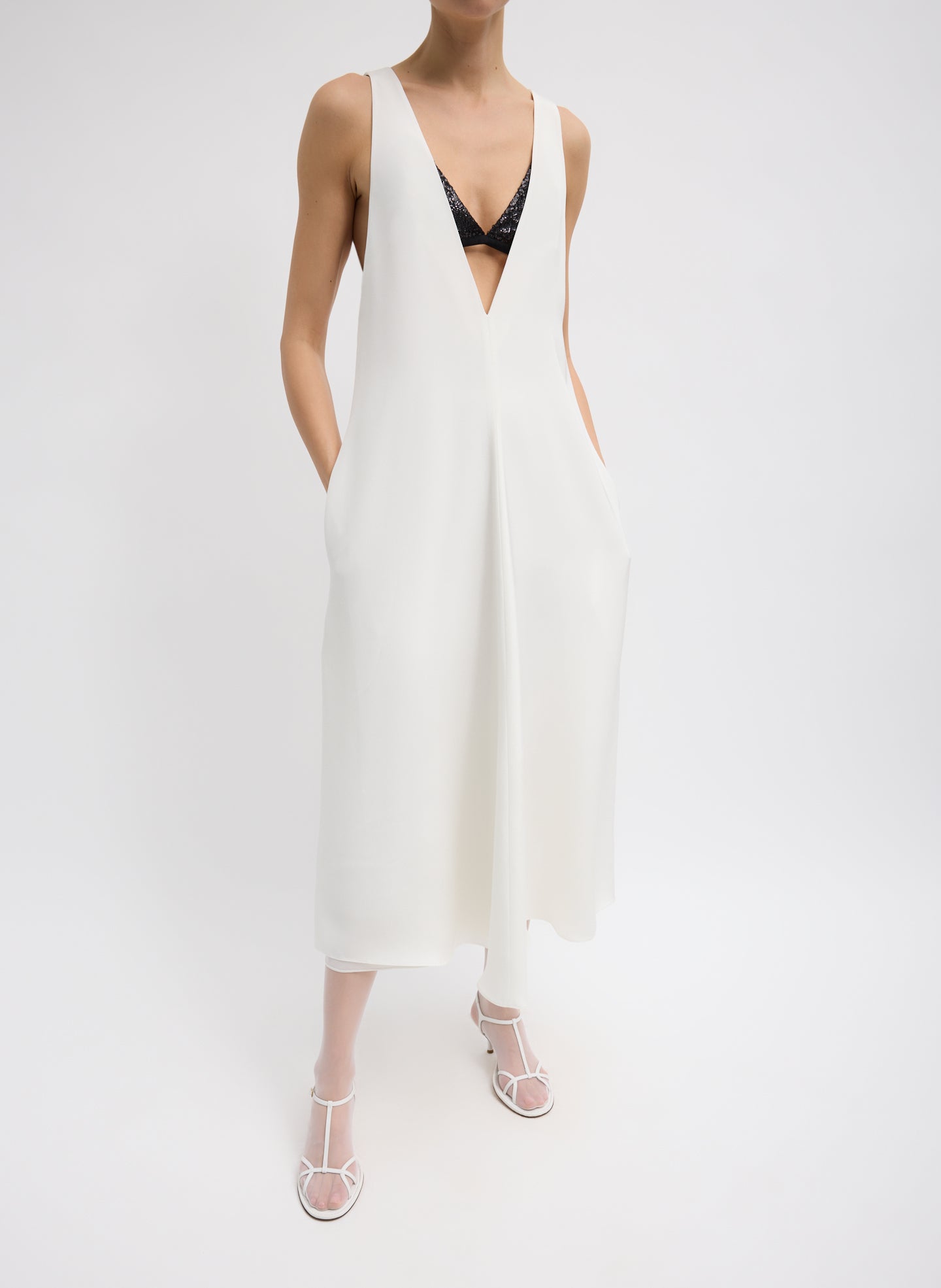 Ivory 4-Ply Silk V-Neck Dress With Bra - low cut v-neck, front view on model