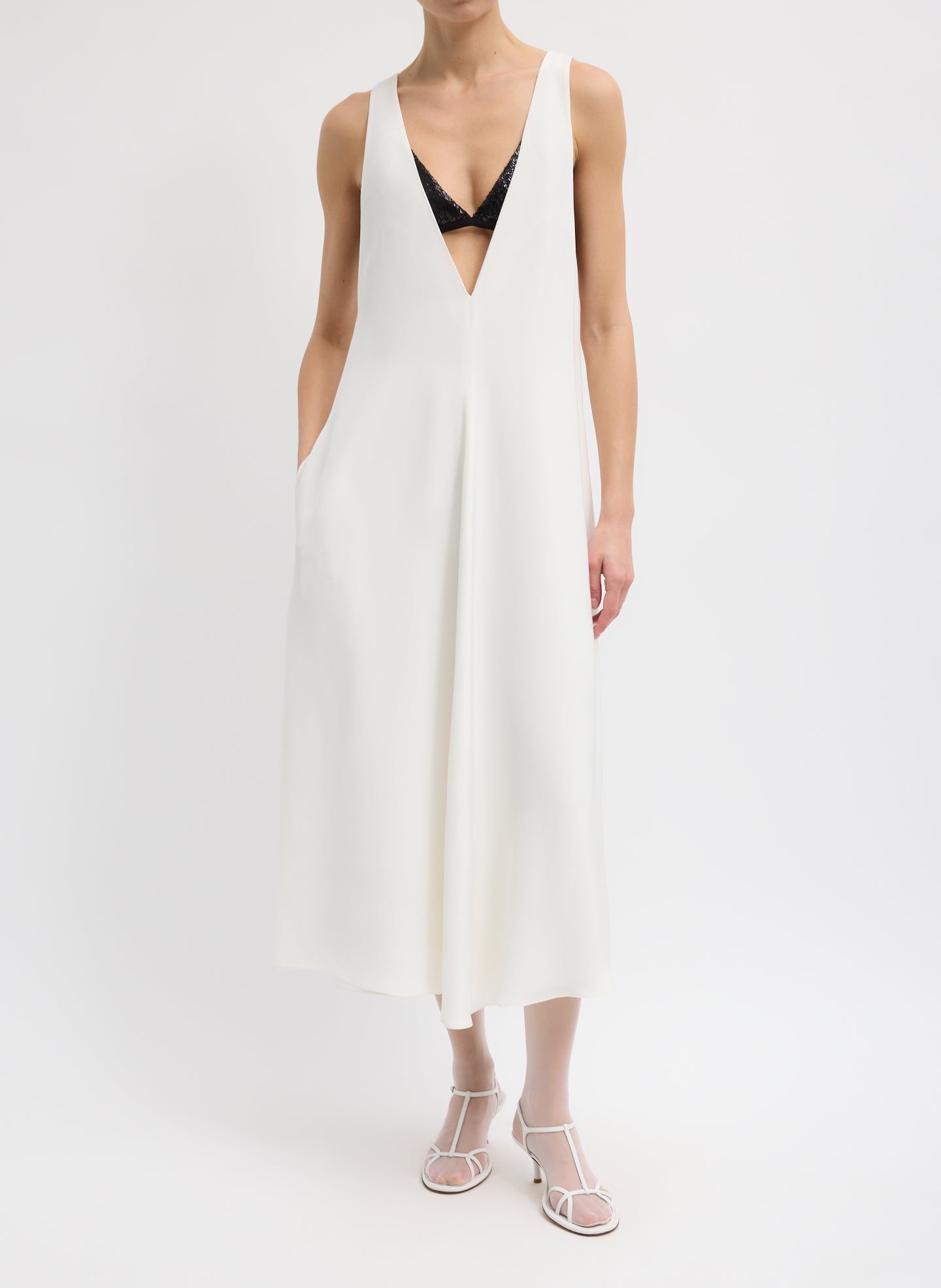 4-Ply Silk V-Neck Dress With Bra - Ivory 4-Ply Silk V-Neck Dress With Bra - low cut v-neck, front view on model